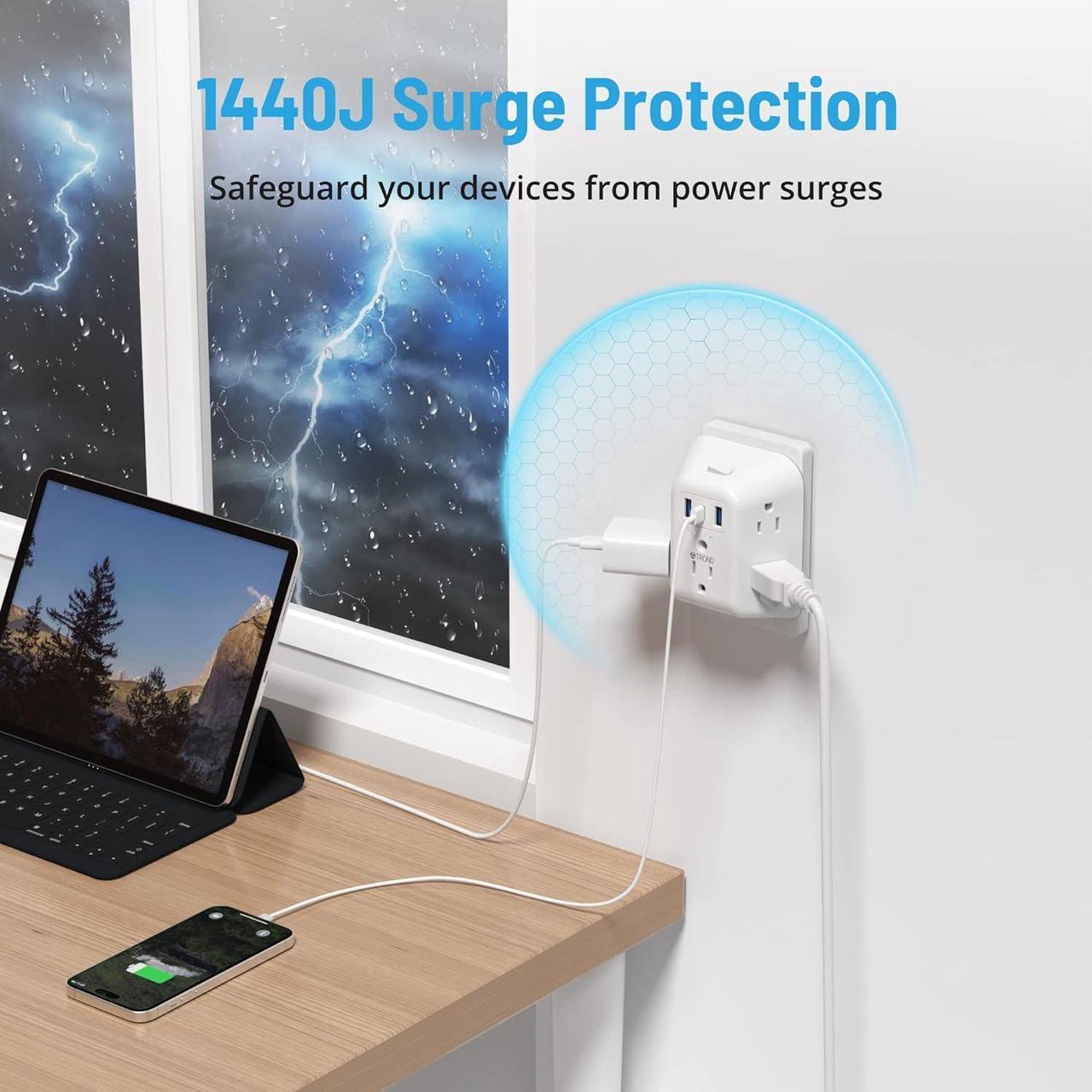 Alt view image 5 of 7 - 2 Prong Power Strip USB 2 to 3 Prong Outlet Adapter 5 Outlet Splitter with 3 USB Ports(1 USB C) Wall Mount 1440J Surge Protector with ON/OFF Polarized Plug for Non-Grounded Outlet Old House