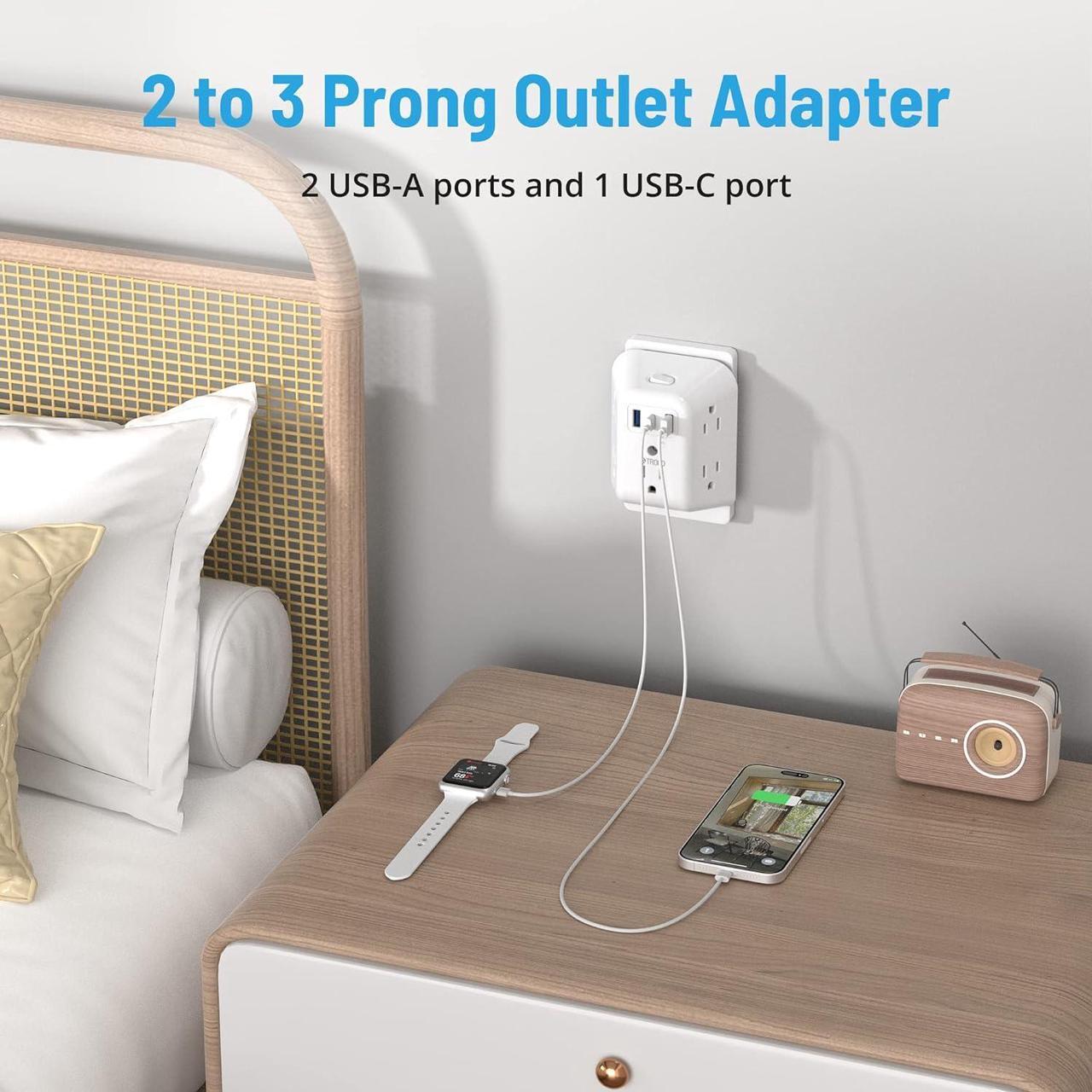 Alt view image 3 of 7 - 2 Prong Power Strip USB 2 to 3 Prong Outlet Adapter 5 Outlet Splitter with 3 USB Ports(1 USB C) Wall Mount 1440J Surge Protector with ON/OFF Polarized Plug for Non-Grounded Outlet Old House