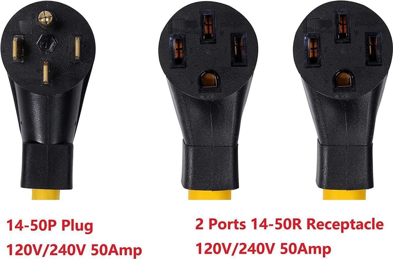 Alt view image 2 of 2 - ONETAK NEMA 14-50P to 2 Outlet 14-50R Y Splitter STW 6 AWG 3 Feet 120V/240V 50 Amp 4 Prong Male Plug Female Receptacle Welder Generator Dryer RV Power Cord Adapter