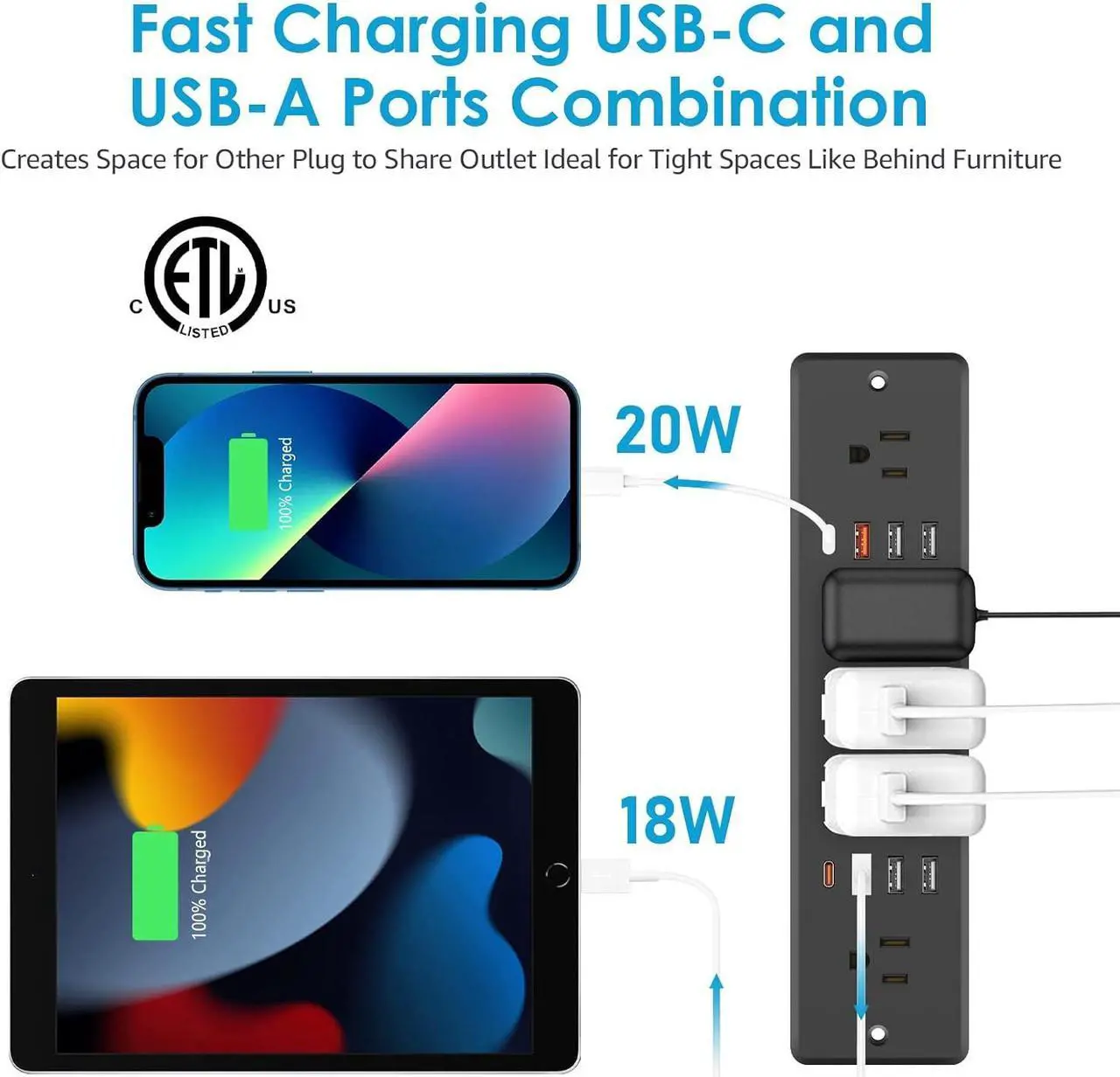 Alt view image 6 of 7 - HHSOET 13 in 1 Recessed Power Strip Flat Plug, Fast Charging Furniture Outlet with USB, Conference Recessed Surge Protection Socket with 5 AC Plugs, 6 USB Ports 2 USB-C, 6ft Power Cord.(Black)