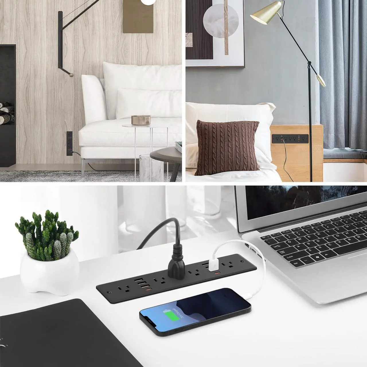 Alt view image 7 of 7 - HHSOET 13 in 1 Recessed Power Strip Flat Plug, Fast Charging Furniture Outlet with USB, Conference Recessed Surge Protection Socket with 5 AC Plugs, 6 USB Ports 2 USB-C, 6ft Power Cord.(Black)
