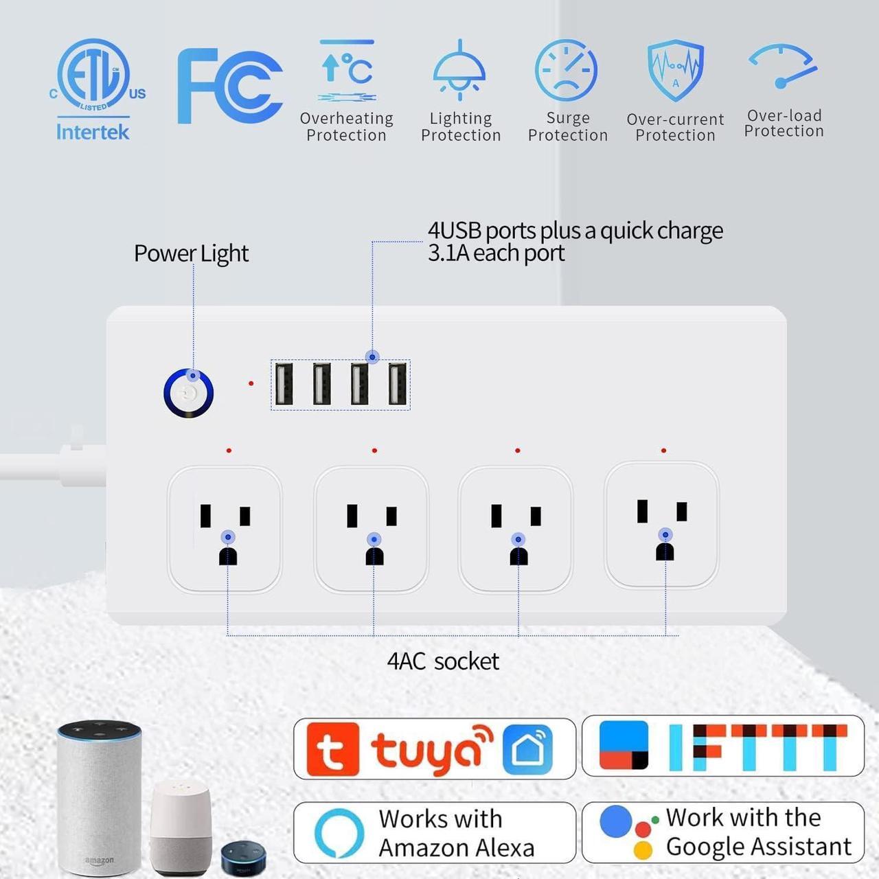 Alt view image 3 of 7 - Smart Power Strip, UseeLink WiFi Surge Protector Compatible with Alexa & Google Home, Smart Plug with 4 USB Ports & 4 AC Outlets, Voice and Remote Control & Timer Schedule, 5ft Extension Cord