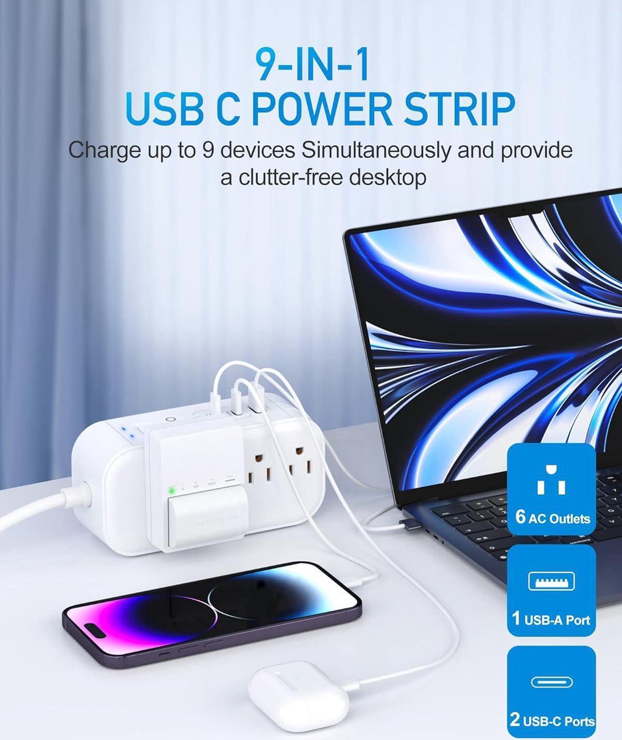 Alt view image 2 of 7 - 6FT PD 65W USB C Power Strip Surge Protector for Travel&Work, 9-in-1 Power Strip with 6 Widely AC Outlets&3 USB Ports, Overload Protection, Flat Plug, Wall Mount, Desk USB Charging Station, 1875W/15A