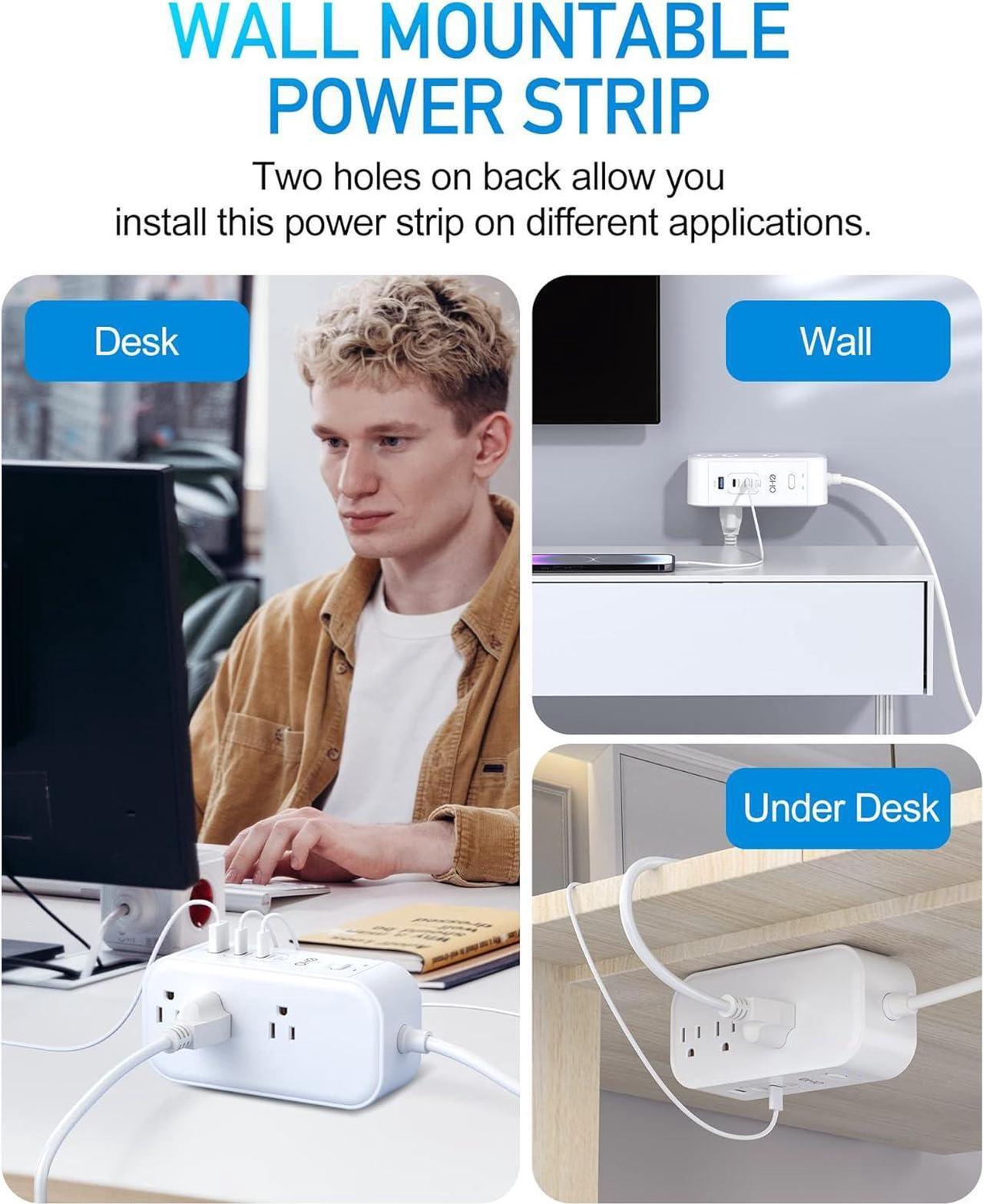 Alt view image 4 of 7 - 6FT PD 65W USB C Power Strip Surge Protector for Travel&Work, 9-in-1 Power Strip with 6 Widely AC Outlets&3 USB Ports, Overload Protection, Flat Plug, Wall Mount, Desk USB Charging Station, 1875W/15A
