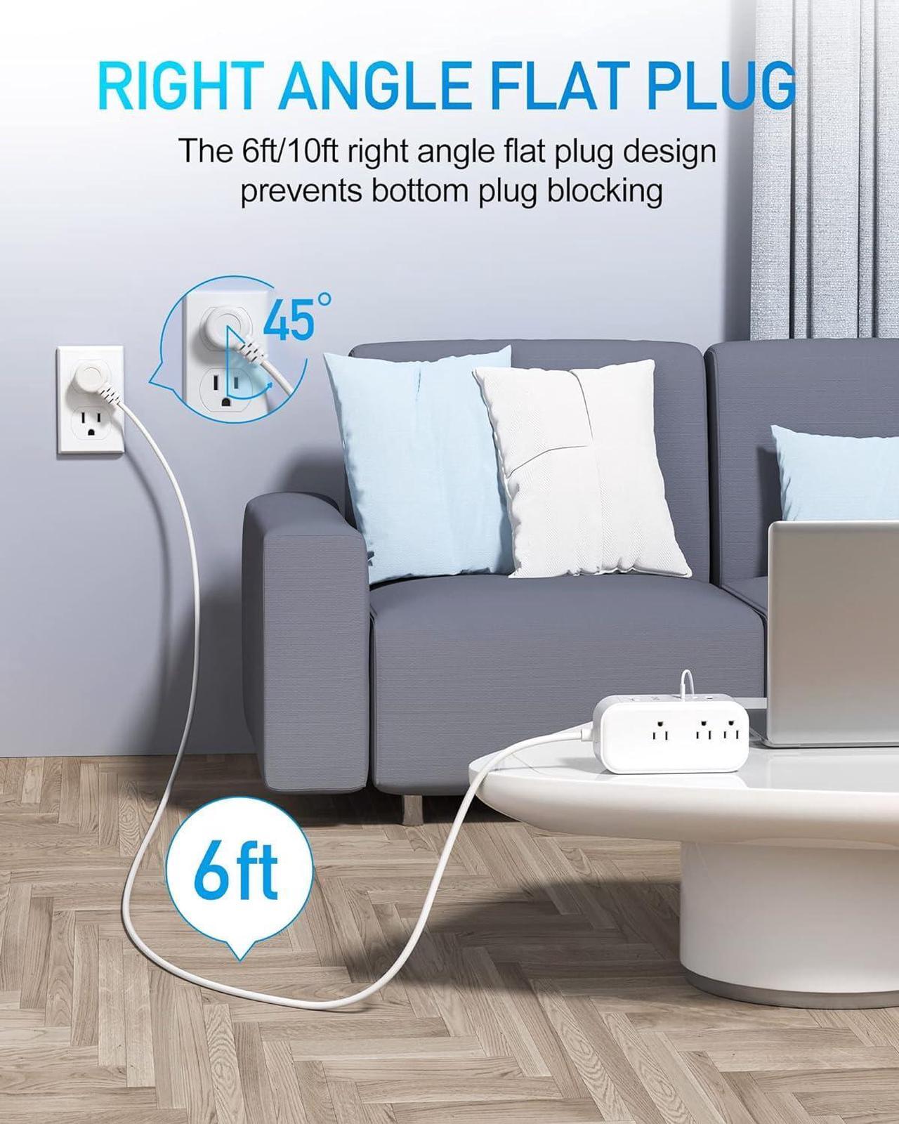 Alt view image 6 of 7 - 6FT PD 65W USB C Power Strip Surge Protector for Travel&Work, 9-in-1 Power Strip with 6 Widely AC Outlets&3 USB Ports, Overload Protection, Flat Plug, Wall Mount, Desk USB Charging Station, 1875W/15A