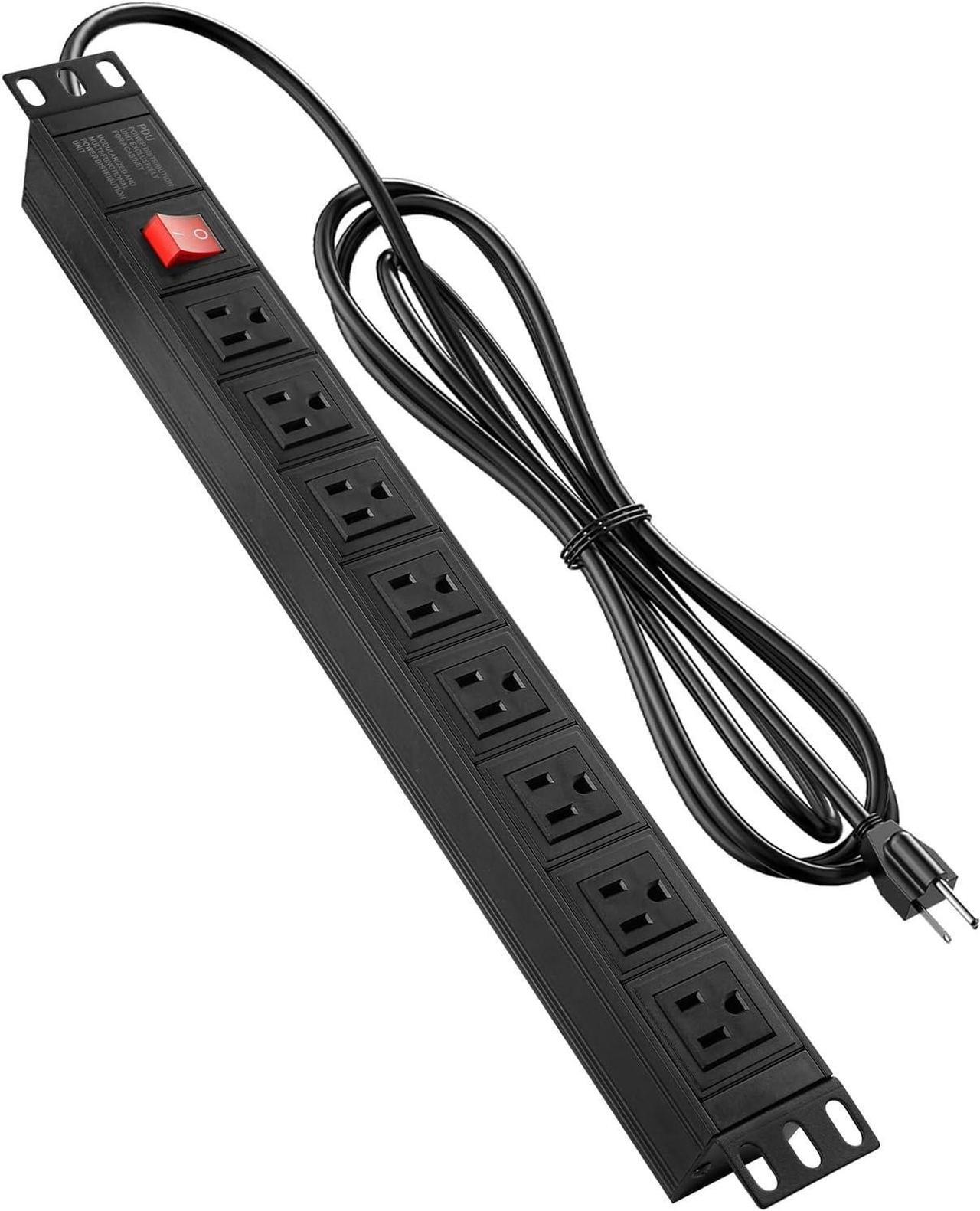 Main image of QBA Rack Mount Power Strip, Wide Spaced 8 Outlet Power Strip Surge Protector, 1U Power Strip for Network Server Racks, 6FT Extension Cord, ETL Listed, Black
