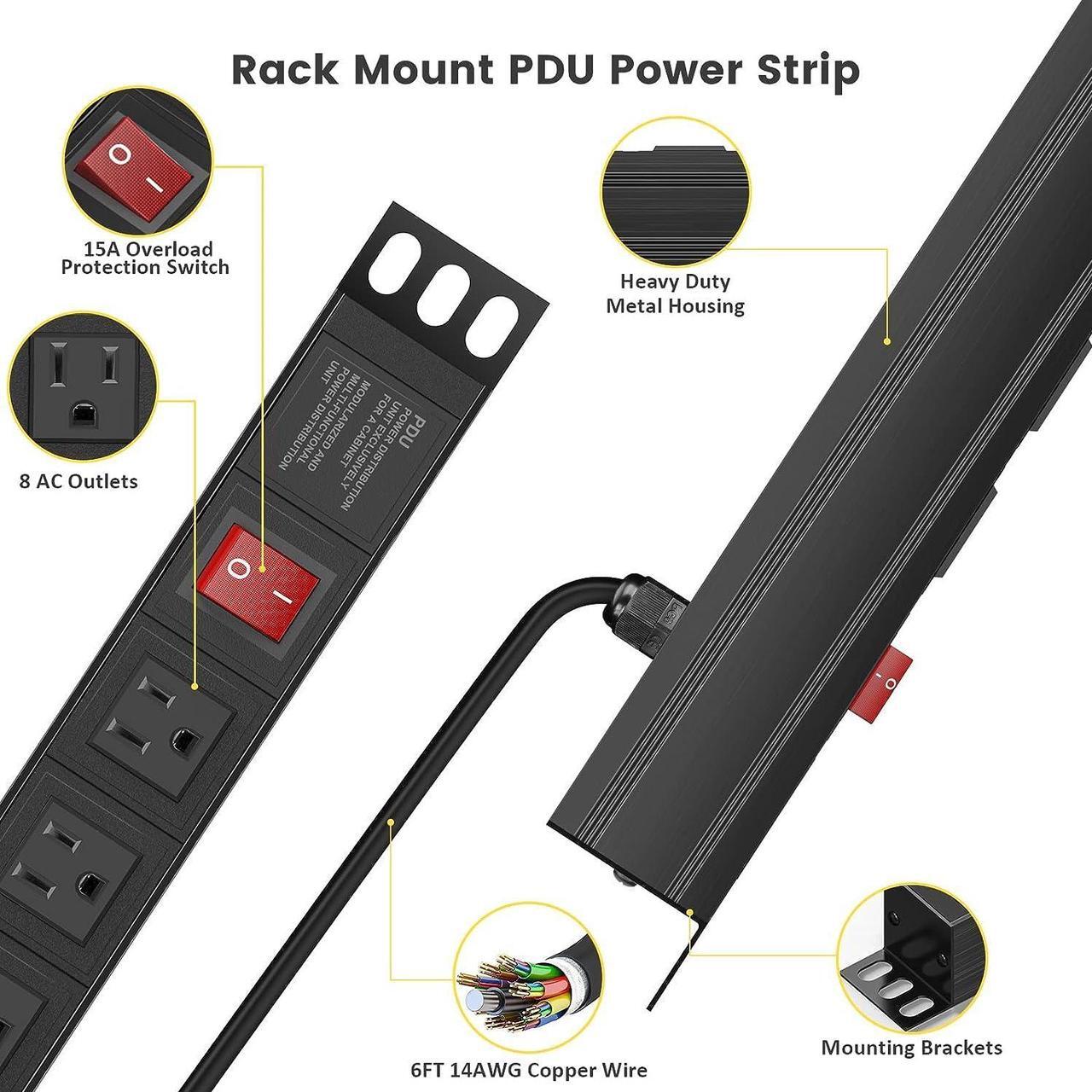 Alt view image 2 of 7 - QBA Rack Mount Power Strip, Wide Spaced 8 Outlet Power Strip Surge Protector, 1U Power Strip for Network Server Racks, 6FT Extension Cord, ETL Listed, Black