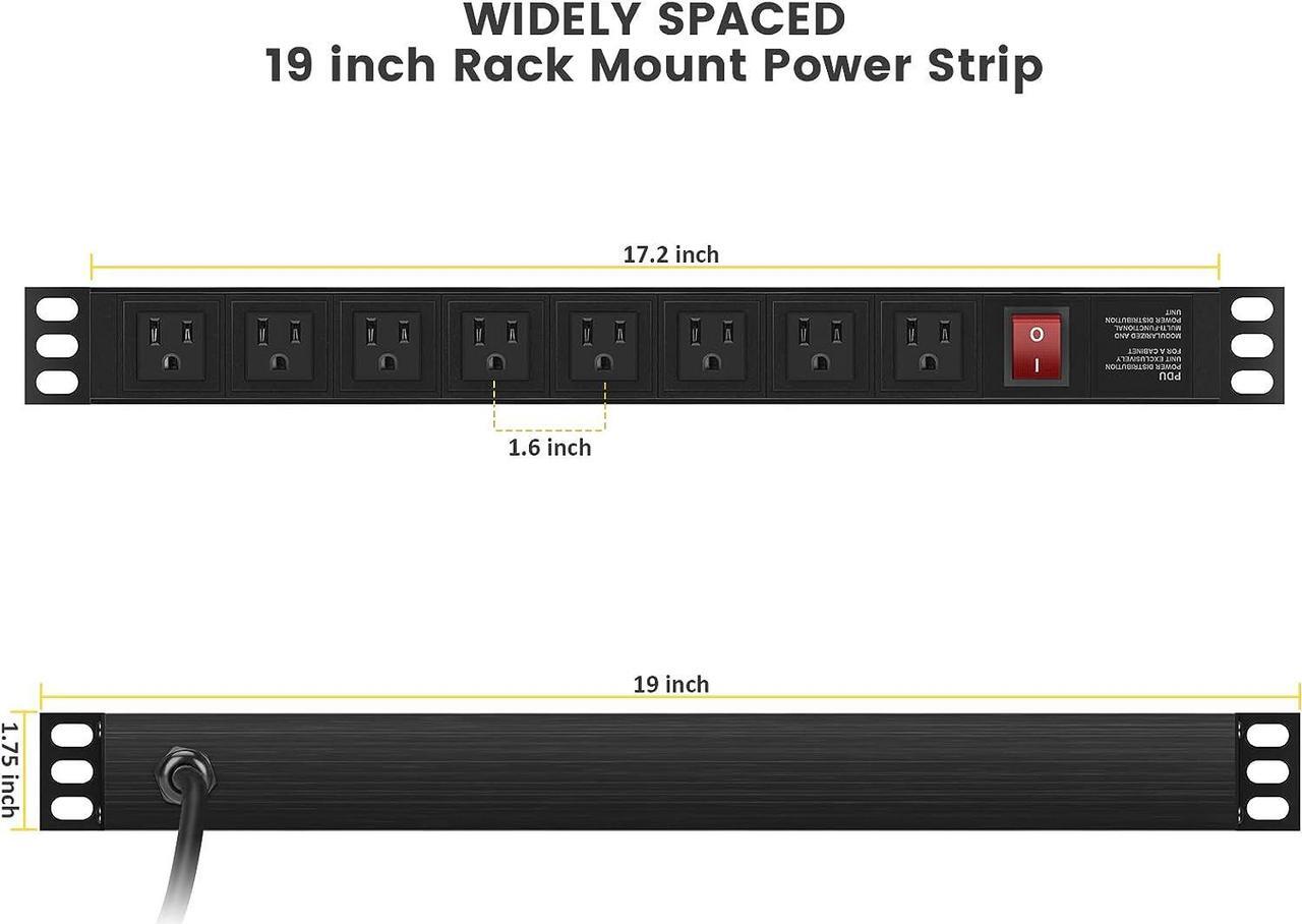 Alt view image 4 of 7 - QBA Rack Mount Power Strip, Wide Spaced 8 Outlet Power Strip Surge Protector, 1U Power Strip for Network Server Racks, 6FT Extension Cord, ETL Listed, Black