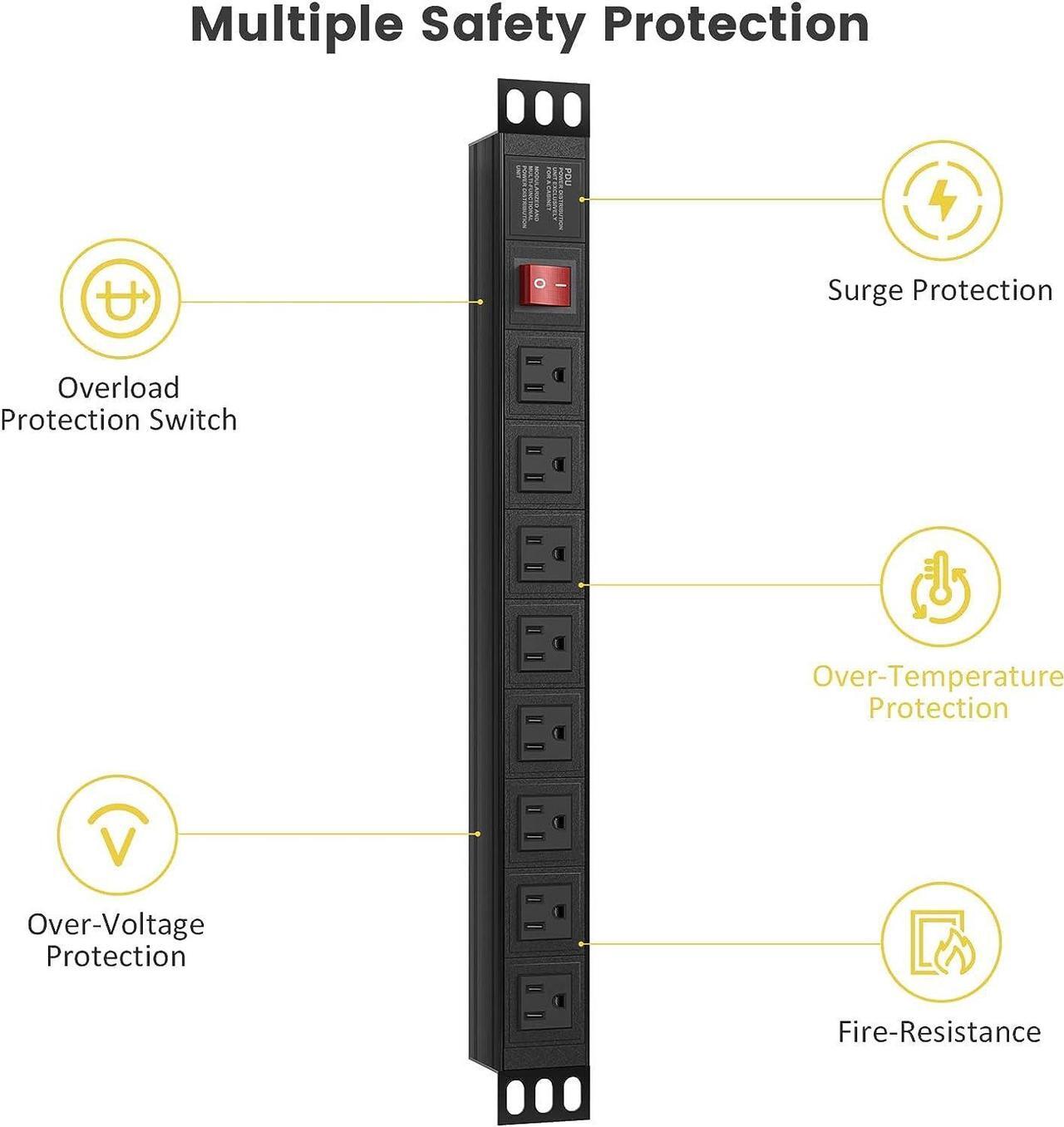 Alt view image 7 of 7 - QBA Rack Mount Power Strip, Wide Spaced 8 Outlet Power Strip Surge Protector, 1U Power Strip for Network Server Racks, 6FT Extension Cord, ETL Listed, Black
