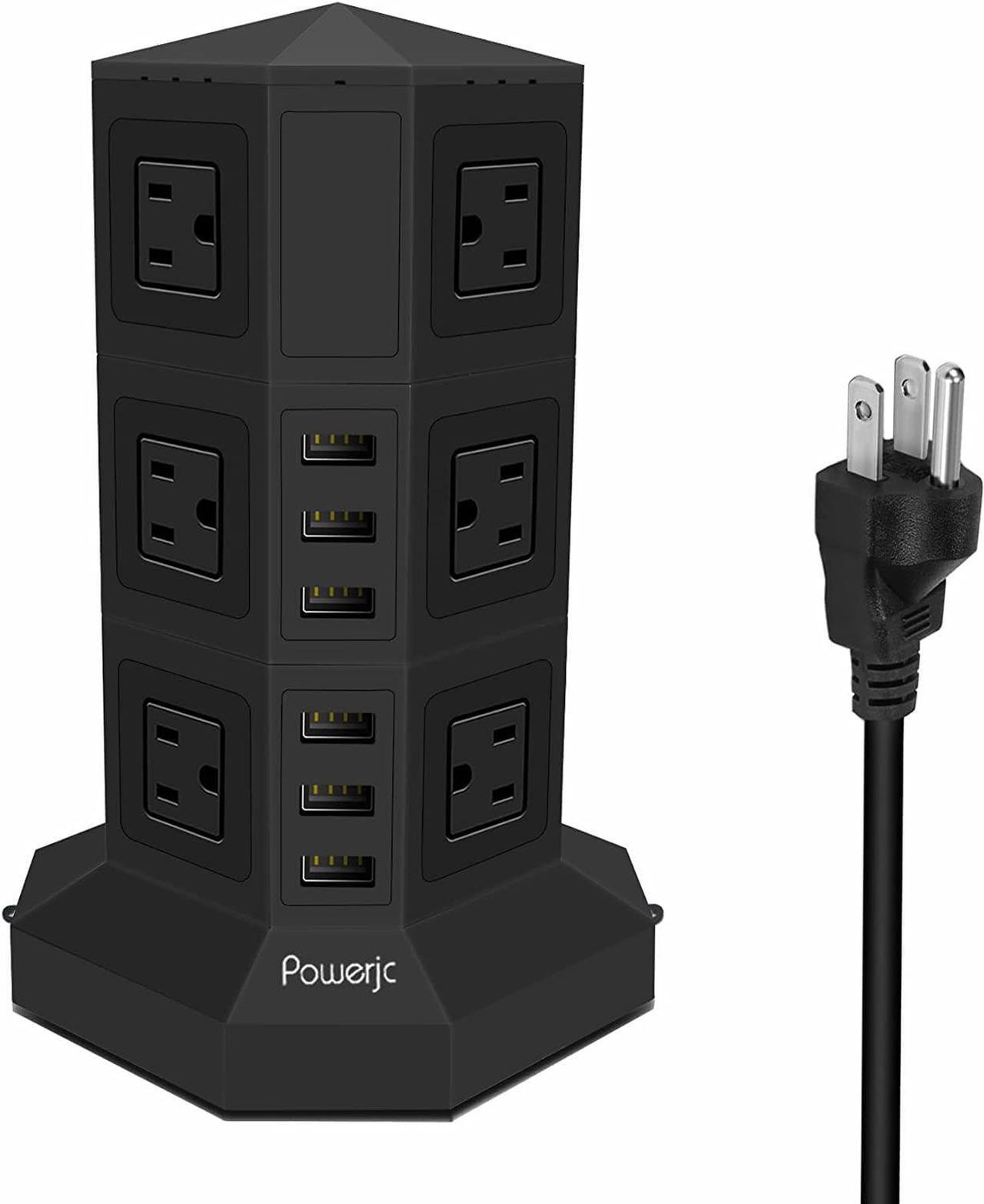 Main image of Powerjc Tower Power Strip Surge Protector Socket 12 AC Outlets Smart 6 USB Ports Chargers 10 Feet Long Extension Cord Indoor Black