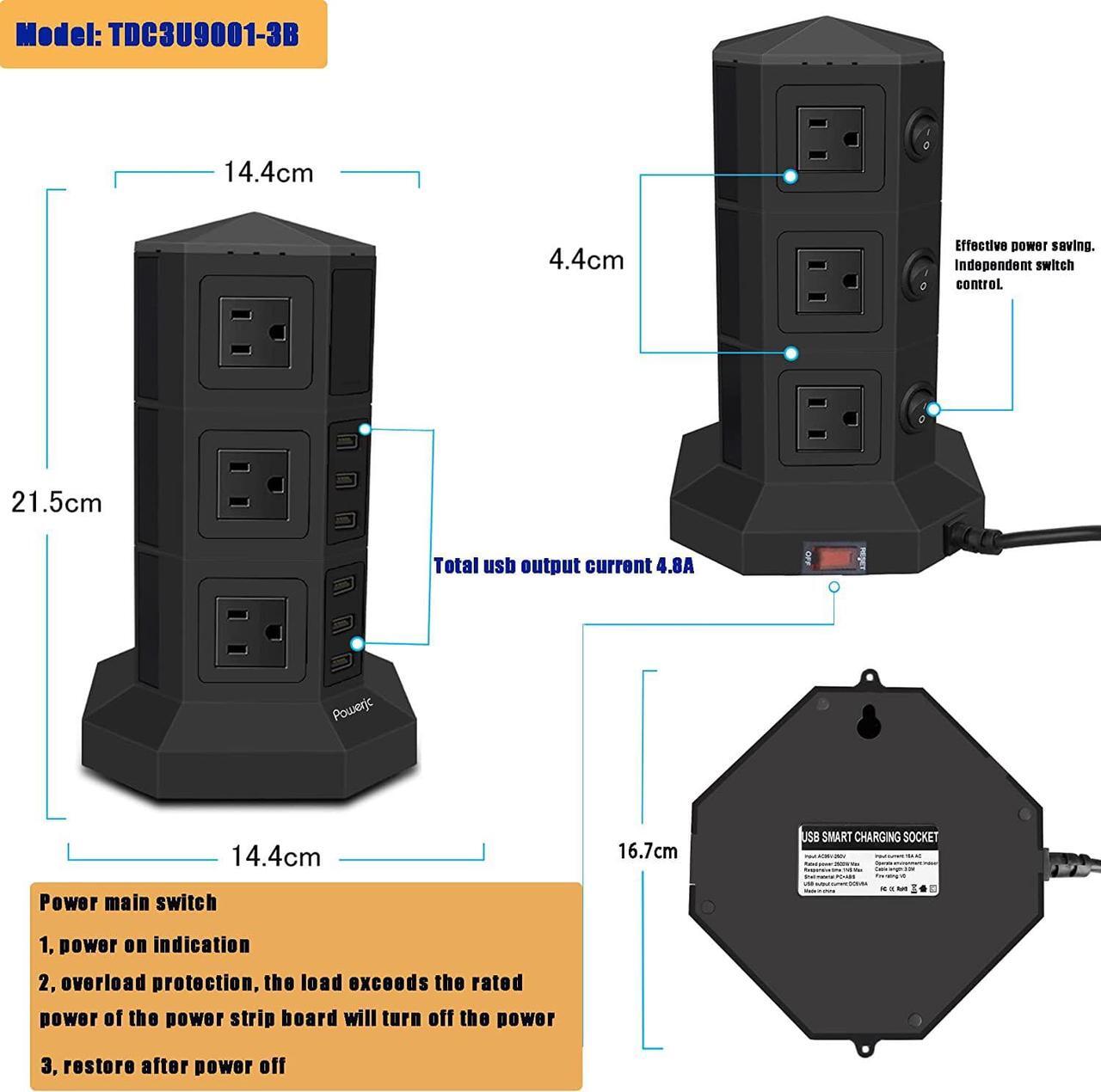 Alt view image 3 of 7 - Powerjc Tower Power Strip Surge Protector Socket 12 AC Outlets Smart 6 USB Ports Chargers 10 Feet Long Extension Cord Indoor Black