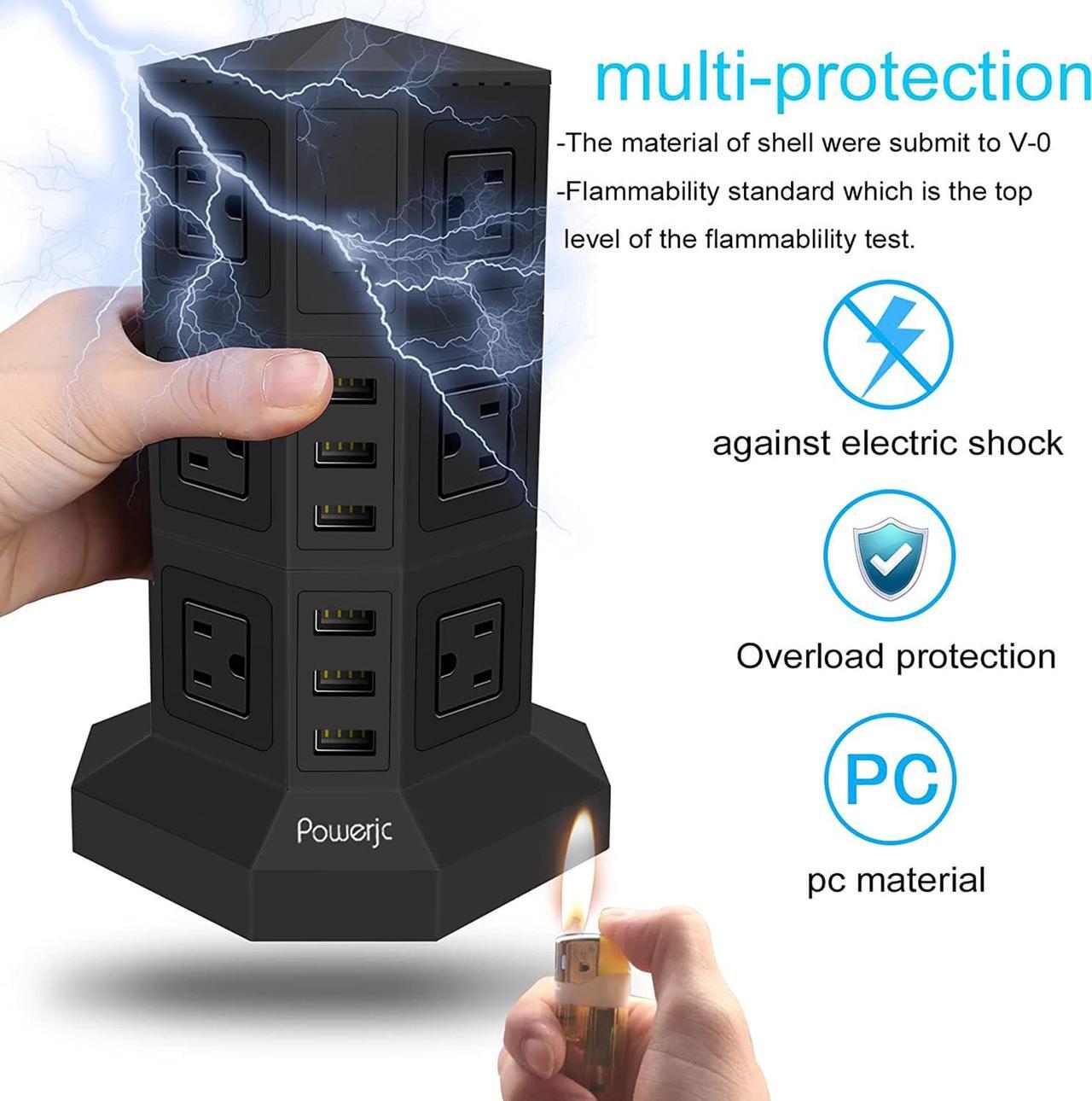Alt view image 4 of 7 - Powerjc Tower Power Strip Surge Protector Socket 12 AC Outlets Smart 6 USB Ports Chargers 10 Feet Long Extension Cord Indoor Black