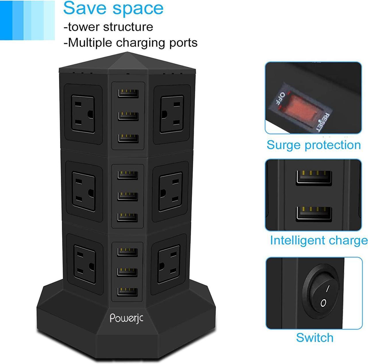 Alt view image 5 of 7 - Powerjc Tower Power Strip Surge Protector Socket 12 AC Outlets Smart 6 USB Ports Chargers 10 Feet Long Extension Cord Indoor Black