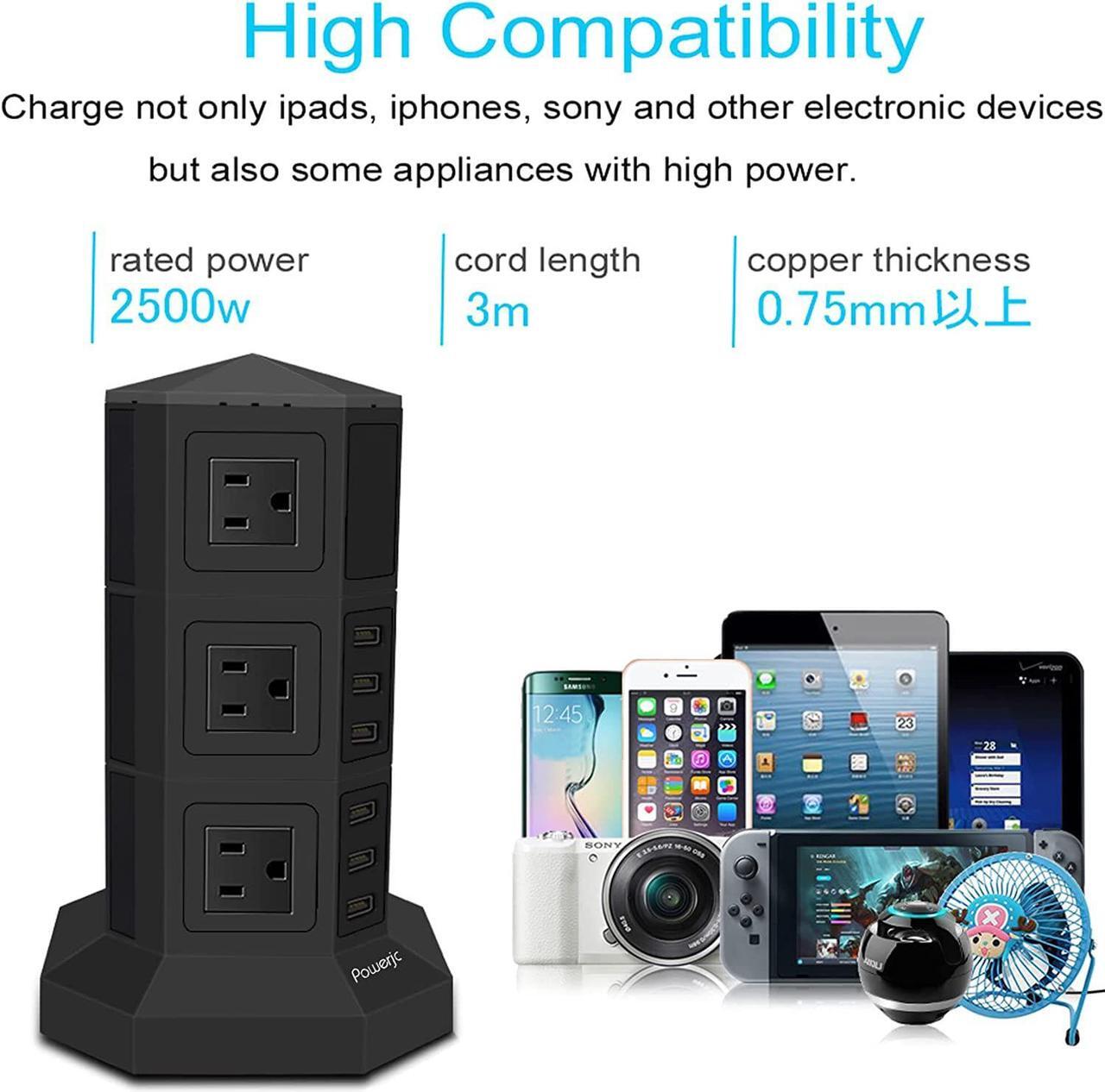 Alt view image 6 of 7 - Powerjc Tower Power Strip Surge Protector Socket 12 AC Outlets Smart 6 USB Ports Chargers 10 Feet Long Extension Cord Indoor Black