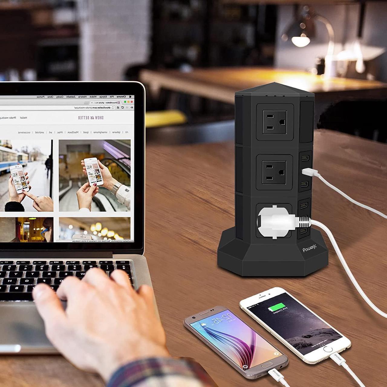 Alt view image 7 of 7 - Powerjc Tower Power Strip Surge Protector Socket 12 AC Outlets Smart 6 USB Ports Chargers 10 Feet Long Extension Cord Indoor Black