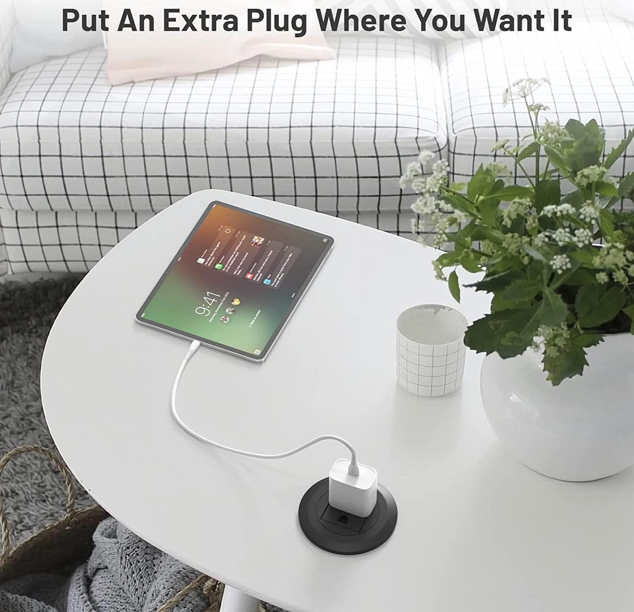 Alt view image 7 of 7 - Mini Desktop Power Hub Grommet Socket, Flush-Mount Desk Outlet Build-in 1 US Standard Outlet with 6.56 FT Extension Power Cord, Recessed Power Strip Socket for Desk Nightstand Cabinet Counter