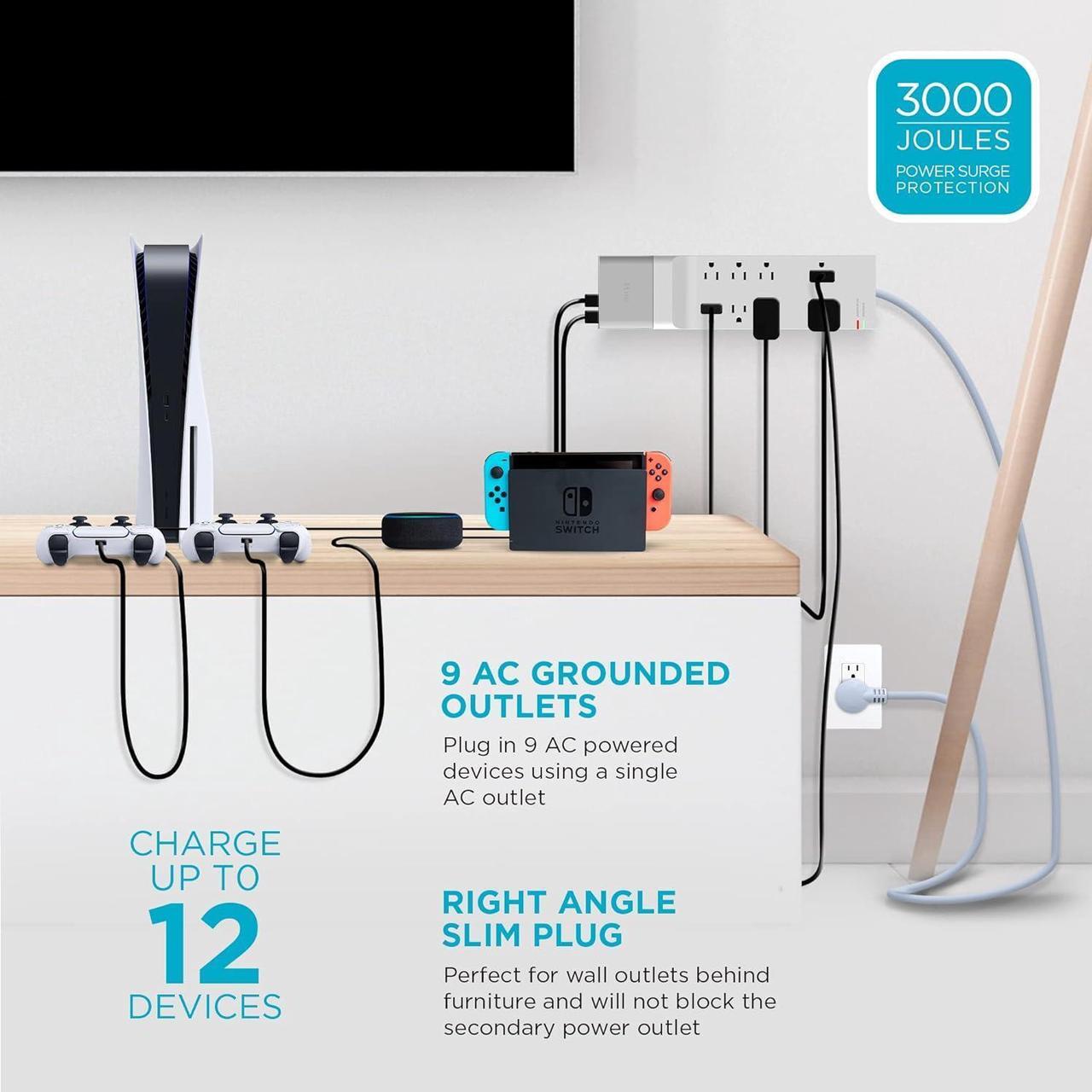 Alt view image 2 of 7 - iHome Power Rover Power Strip & Slim USB Wall Charger Bundle: Detachable Multiport USB Charger & 6 ft Extension Cord Multi Plug Outlet Extender, 9 AC Outlet Power Strip Surge Protector