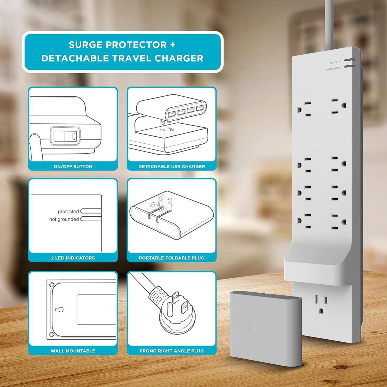 Alt view image 7 of 7 - iHome Power Rover Power Strip & Slim USB Wall Charger Bundle: Detachable Multiport USB Charger & 6 ft Extension Cord Multi Plug Outlet Extender, 9 AC Outlet Power Strip Surge Protector