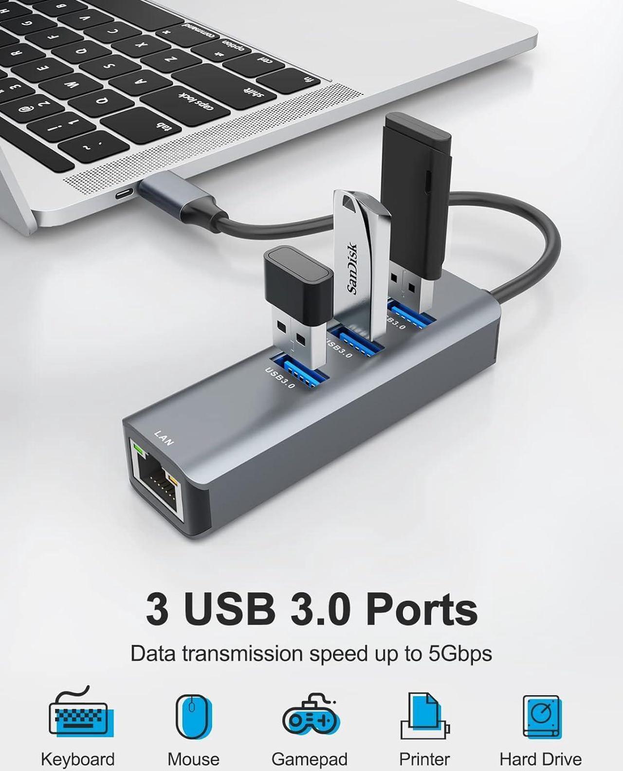 Alt view image 3 of 7 - ABLEWE USB C to Ethernet Adapter, 4-in-1 RJ45 to USB-C/Thunderbolt 3 to Gigabit Ethernet LAN Network Adapter for MacBook Pro/Air 2021/2020/2019, iPad Pro 2021, Chromebook, XPS, Surface Book 3/2/Go