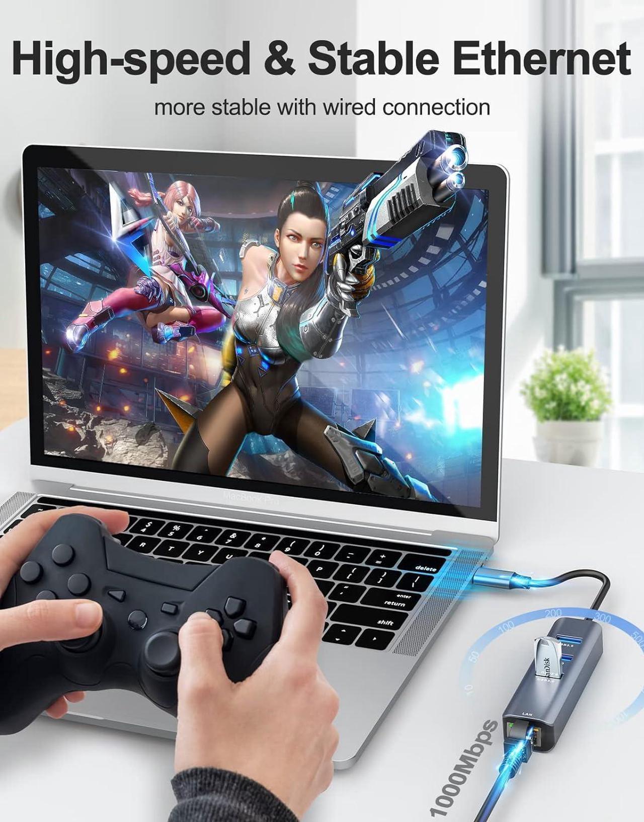 Alt view image 4 of 7 - ABLEWE USB C to Ethernet Adapter, 4-in-1 RJ45 to USB-C/Thunderbolt 3 to Gigabit Ethernet LAN Network Adapter for MacBook Pro/Air 2021/2020/2019, iPad Pro 2021, Chromebook, XPS, Surface Book 3/2/Go