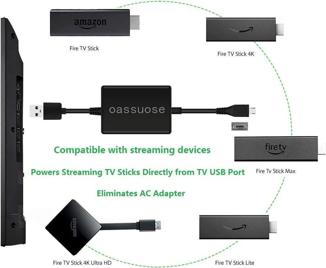 Alt view image 2 of 6 - USB Power Cable Adapter for Fire TV Stick,Powers Streaming TV Sticks Directly from TV USB Port(Eliminates AC Adapter and Very Long Power Cable)