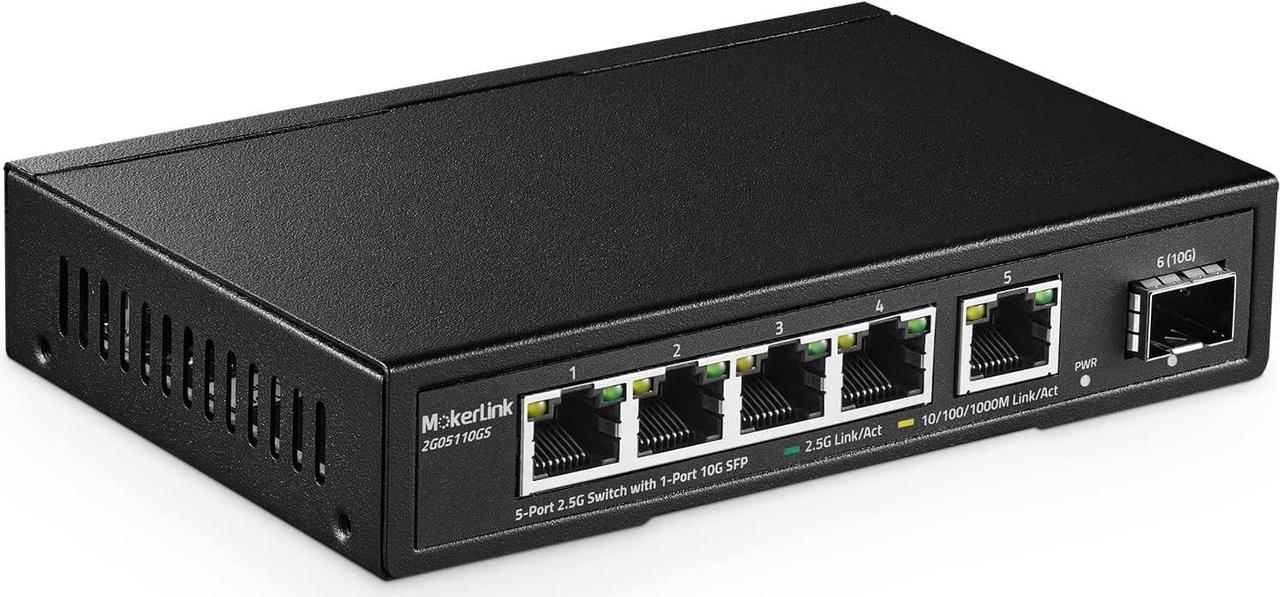 MokerLink 5 Port 2.5G Ethernet Switch with 10G SFP, 5 x 2.5G Base-T Ports Compatible with 10/100/1000Mbps, Metal Unmanaged Fanless Network Switch