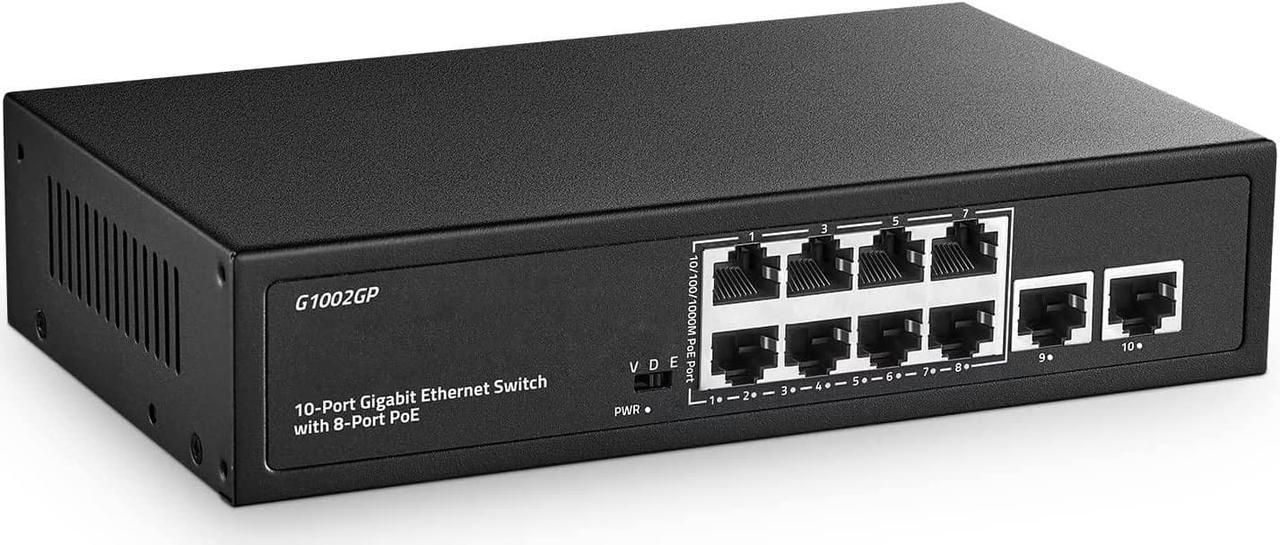 YuLinca 10 Port Gigabit PoE Switch, 8 Port PoE+ and 2 Uplink, 10/100/1000Mbps, IEEE802.3af/at Max 120W, Fanless Unmanaged Plug&Play Ethernet Switch