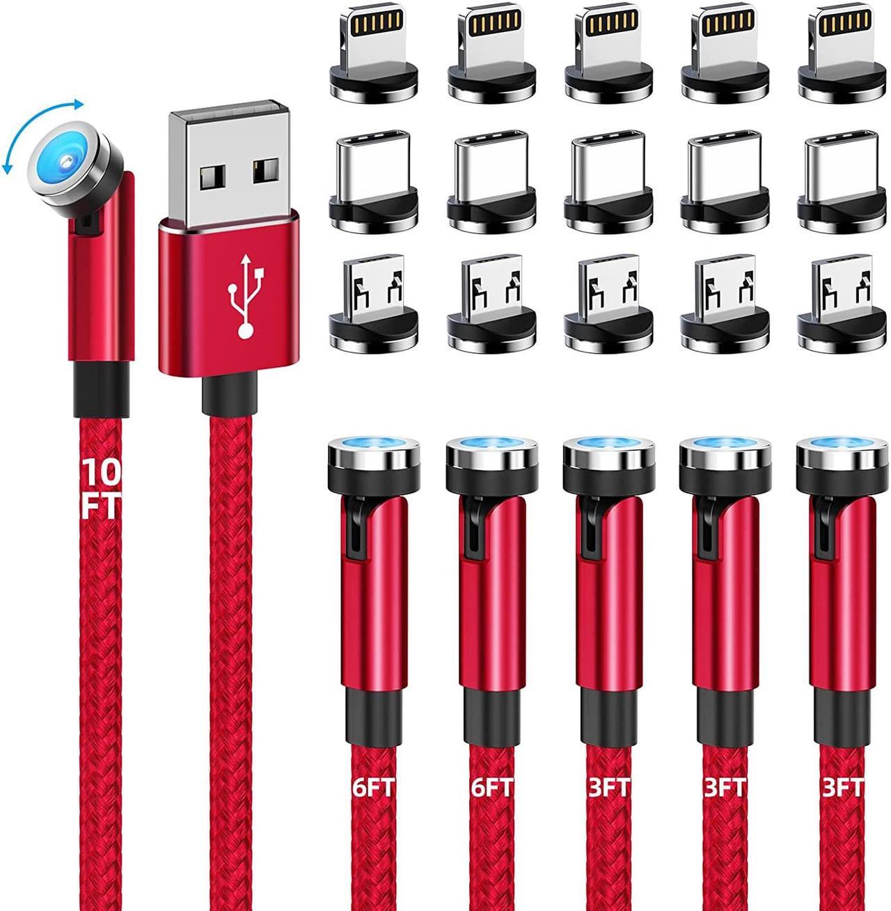 Ankndo Magnetic Charging Cable, 540° Rotating Phone Charger [6-Pack, 3ft/3ft/3ft/6ft/6ft/10ft] 3 in 1 Cable Nylon Braided USB for iPhone/Micro USB/Type C Device-Red