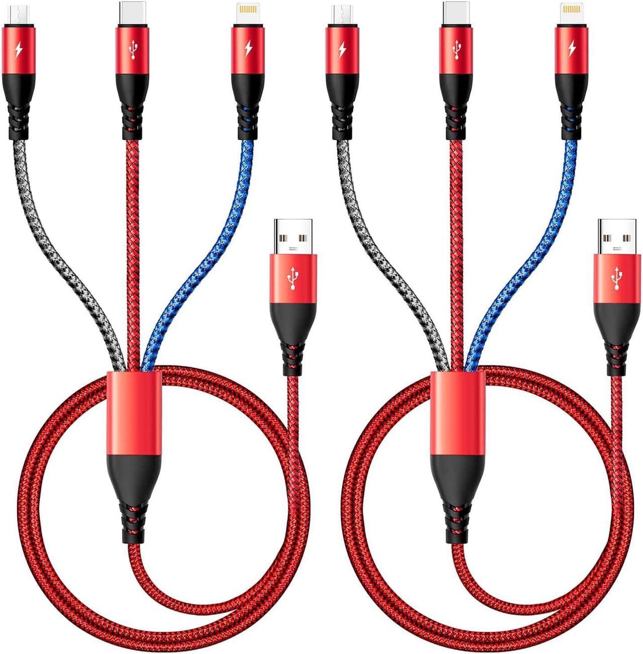 Multi Fast Charging Cable 4.5A 2Pack 4Ft Multiple Charger Cable USB A to Type C/Lightning/Micro USB Ports 3 in 1 Charging Cord USB Cable for Cell Phones,Samsung Galaxy,iPhone,Huawei,LG,Tablets & More