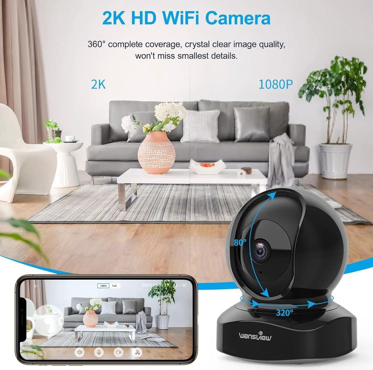 Alt view image 3 of 7 - Wansview Security Camera, IP Camera 2K, WiFi Home Indoor Camera for Baby/Pet/Nanny, 2 Way Audio Night Vision, Works with Alexa, with TF Card Slot and Cloud