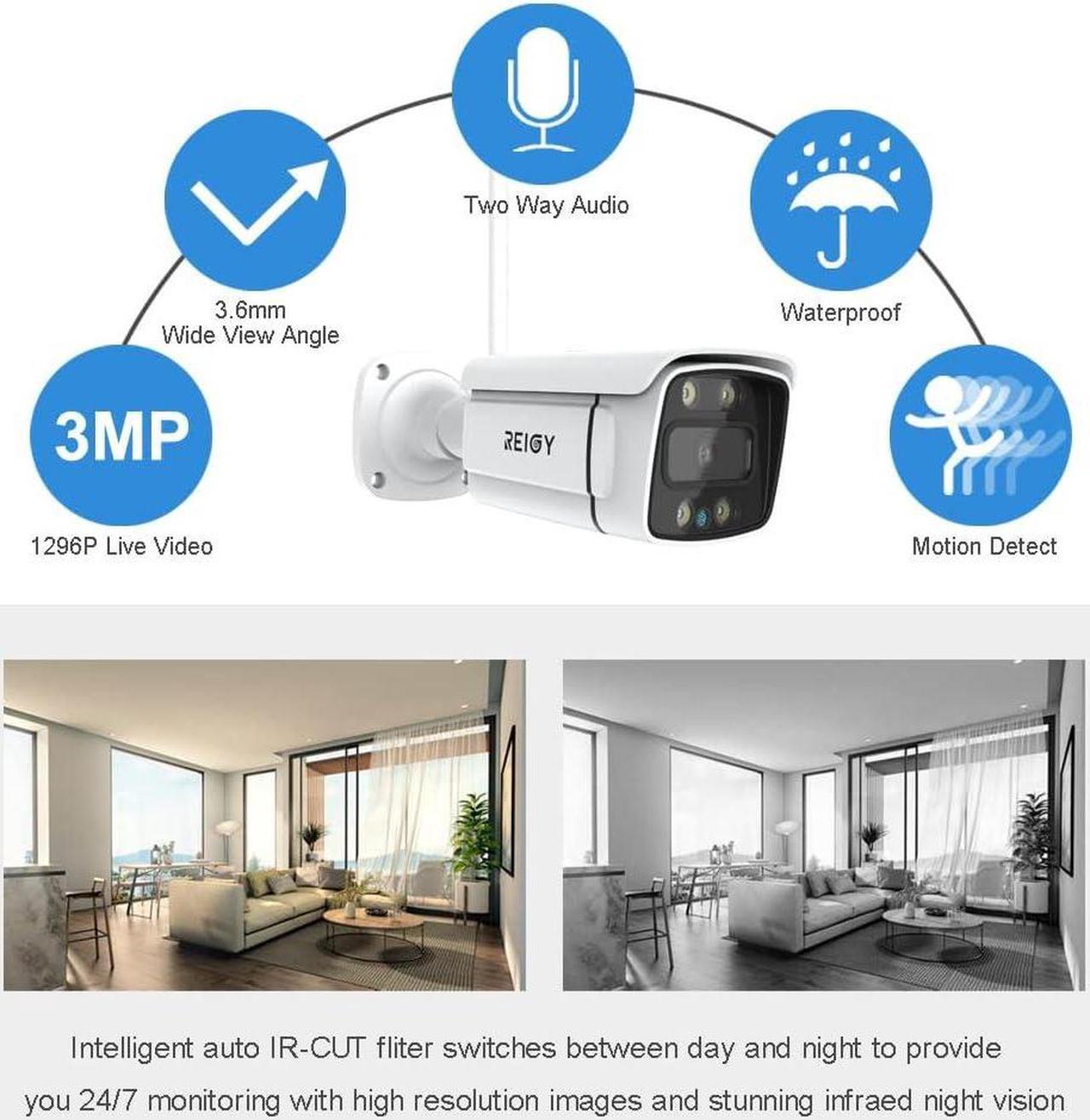 Alt view image 2 of 7 - Gadpiparty REIGY 3MP WiFi Security Camera System with Floodlight and 1TB Hard Drive Preinstalled, 2K Outdoor Home Surveillance Set 8CH NVR + 4X 1296P IP Cam, 2-Way Audio Color Night Vision Motion Det