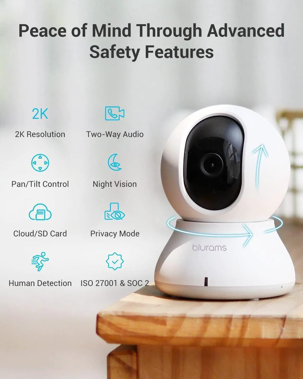 Alt view image 2 of 7 - blurams Security Camera, 2K Indoor Camera 360° Pet Camera for Home Security w/Motion Tracking, Phone App, 2-Way Audio, IR Night Vision, Siren, Works with Alexa & Google Assistant(2.4GHz ONLY)