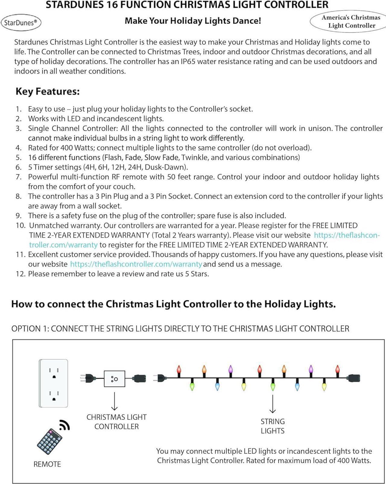 Alt view image 5 of 7 - StarDunes Christmas Light Controller - 16 Dazzling Flash/Fade Functions, 5 Timer Functions, Full Function Remote