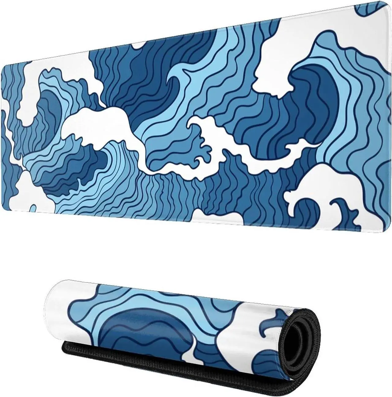 Main image of Japanese Blue and White Wave Gaming Mouse Pad XL Non Slip Rubber Base Mousepad Stitched Edges Desk Pad Extended Large Mice Pad 31.5 X 11.8 Inch