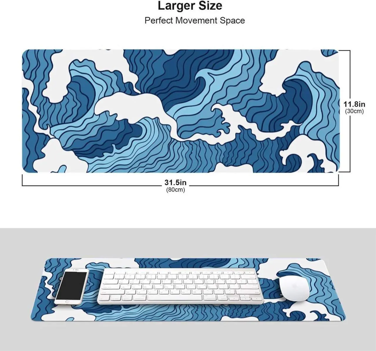 Alt view image 6 of 6 - Japanese Blue and White Wave Gaming Mouse Pad XL Non Slip Rubber Base Mousepad Stitched Edges Desk Pad Extended Large Mice Pad 31.5 X 11.8 Inch
