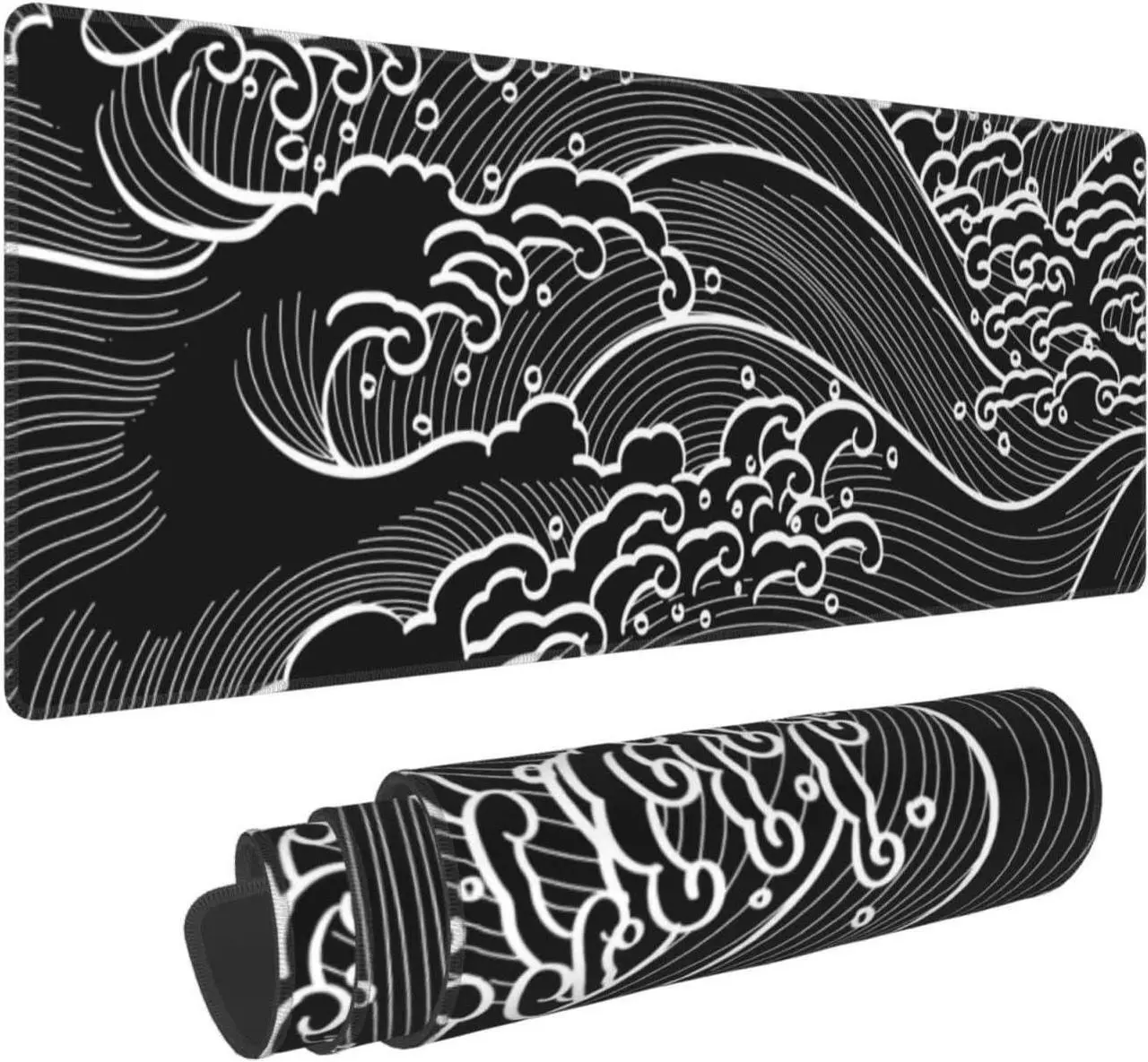 Main image of Japanese Wave Black and White Gaming Mouse Pad XL Large Non Slip Rubber Mousepad Stitched Edges Desk Pad Long Extended Mice Pad 31.5 X 11.8