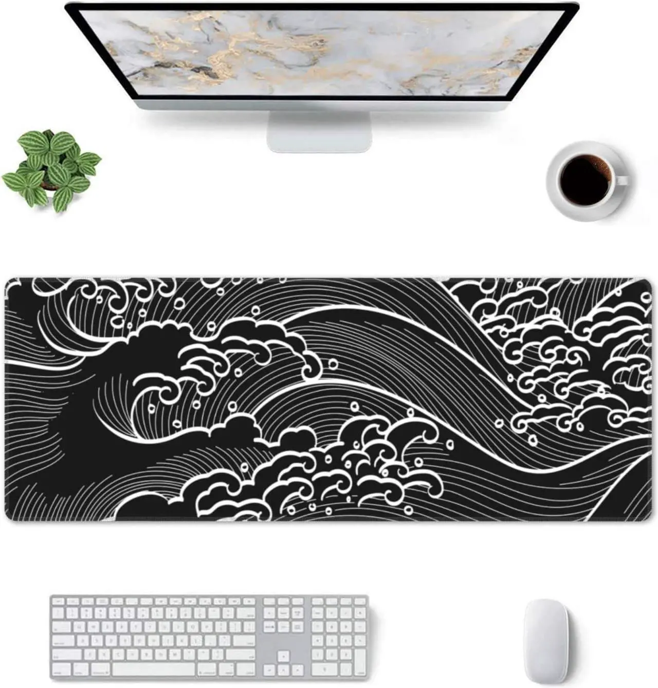 Alt view image 2 of 6 - Japanese Wave Black and White Gaming Mouse Pad XL Large Non Slip Rubber Mousepad Stitched Edges Desk Pad Long Extended Mice Pad 31.5 X 11.8