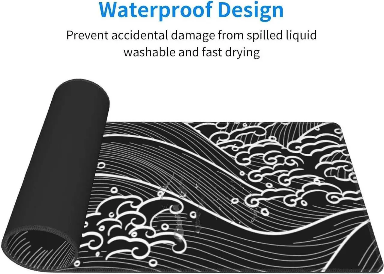 Alt view image 4 of 6 - Japanese Wave Black and White Gaming Mouse Pad XL Large Non Slip Rubber Mousepad Stitched Edges Desk Pad Long Extended Mice Pad 31.5 X 11.8