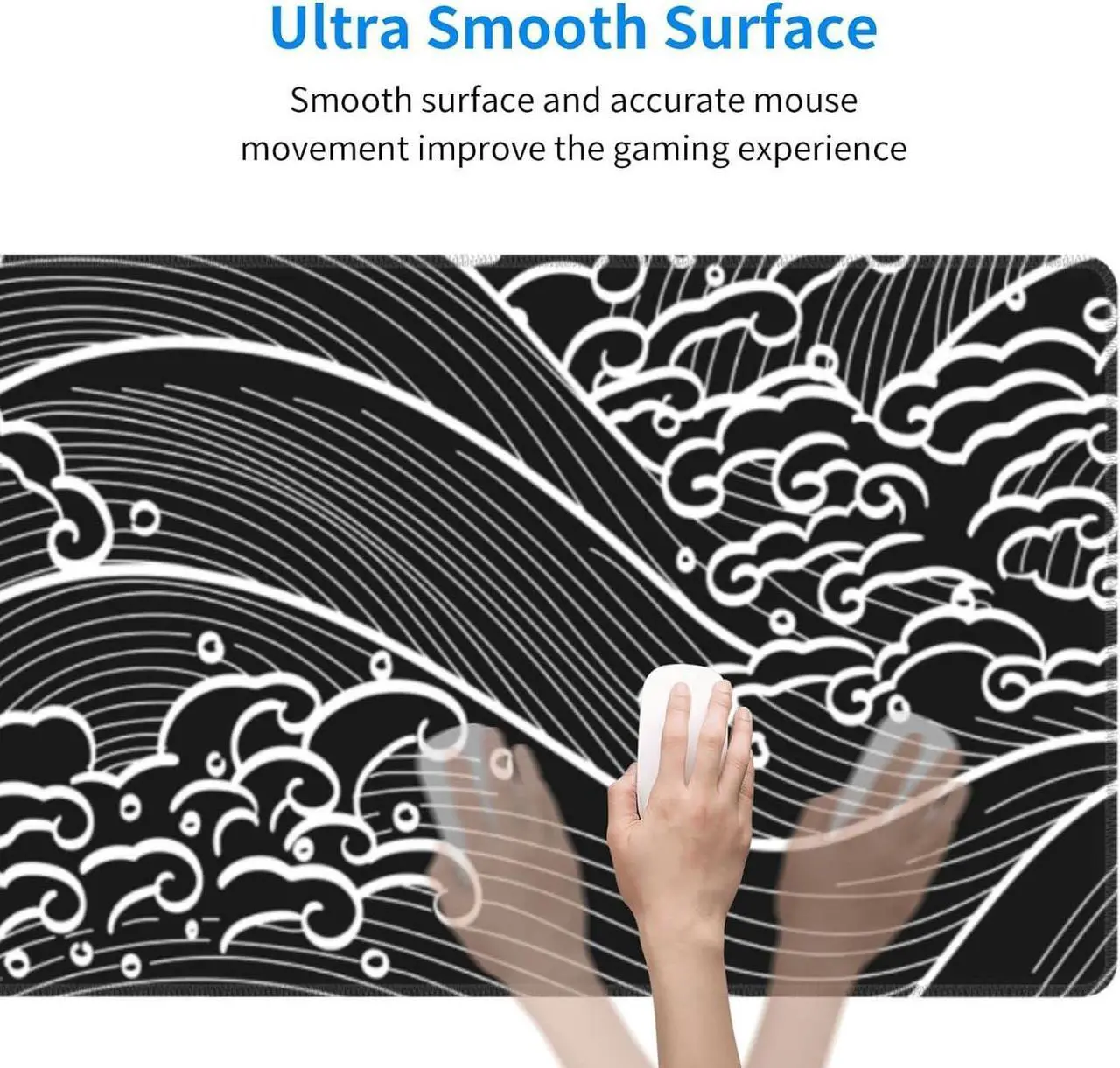 Alt view image 5 of 6 - Japanese Wave Black and White Gaming Mouse Pad XL Large Non Slip Rubber Mousepad Stitched Edges Desk Pad Long Extended Mice Pad 31.5 X 11.8