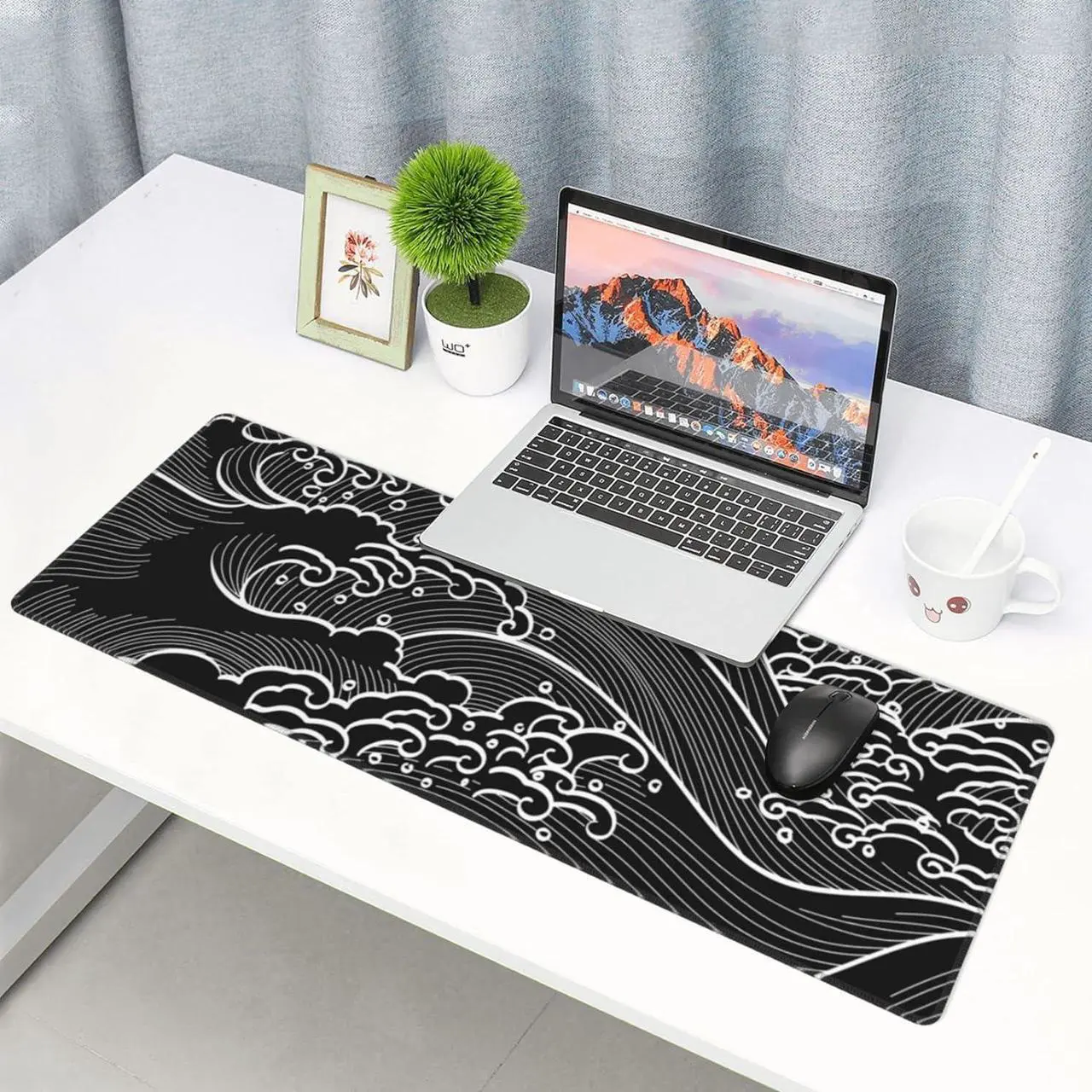 Alt view image 6 of 6 - Japanese Wave Black and White Gaming Mouse Pad XL Large Non Slip Rubber Mousepad Stitched Edges Desk Pad Long Extended Mice Pad 31.5 X 11.8