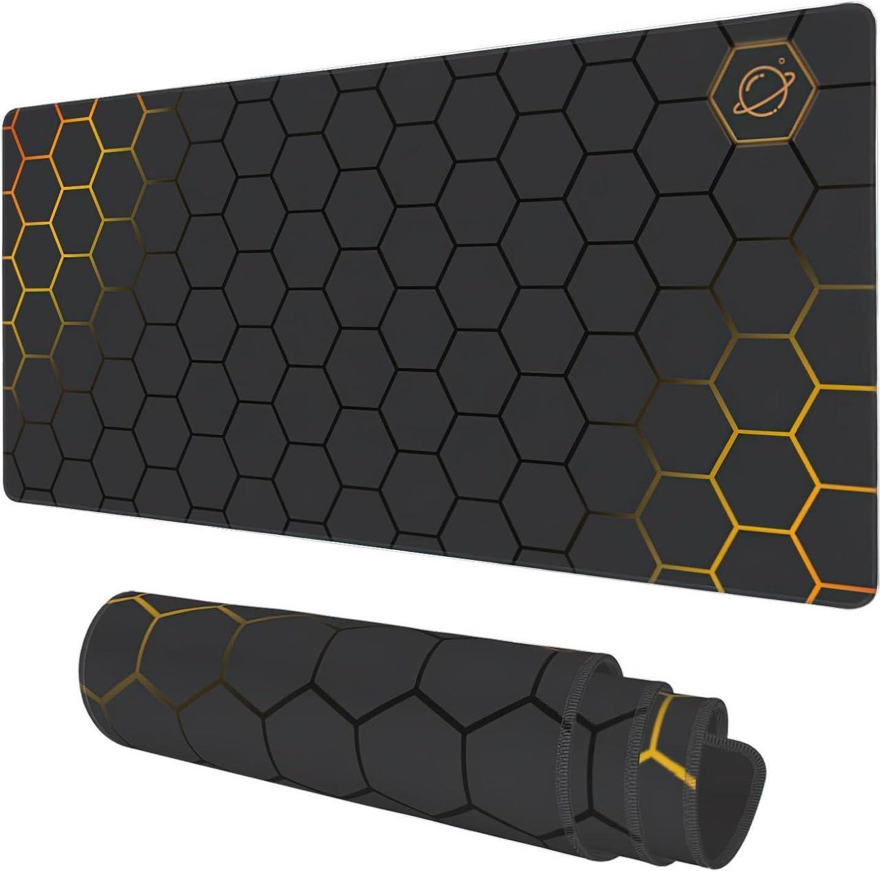 Desk Mat, Black Gold Honeycomb Technology Extended Gaming Mouse Pad Large, 35.4"x15.7" Big Mouse Pad with Non-Slip Base and Stitched Edge, Long Computer Keyboard Mouse Mat for Home Office Work