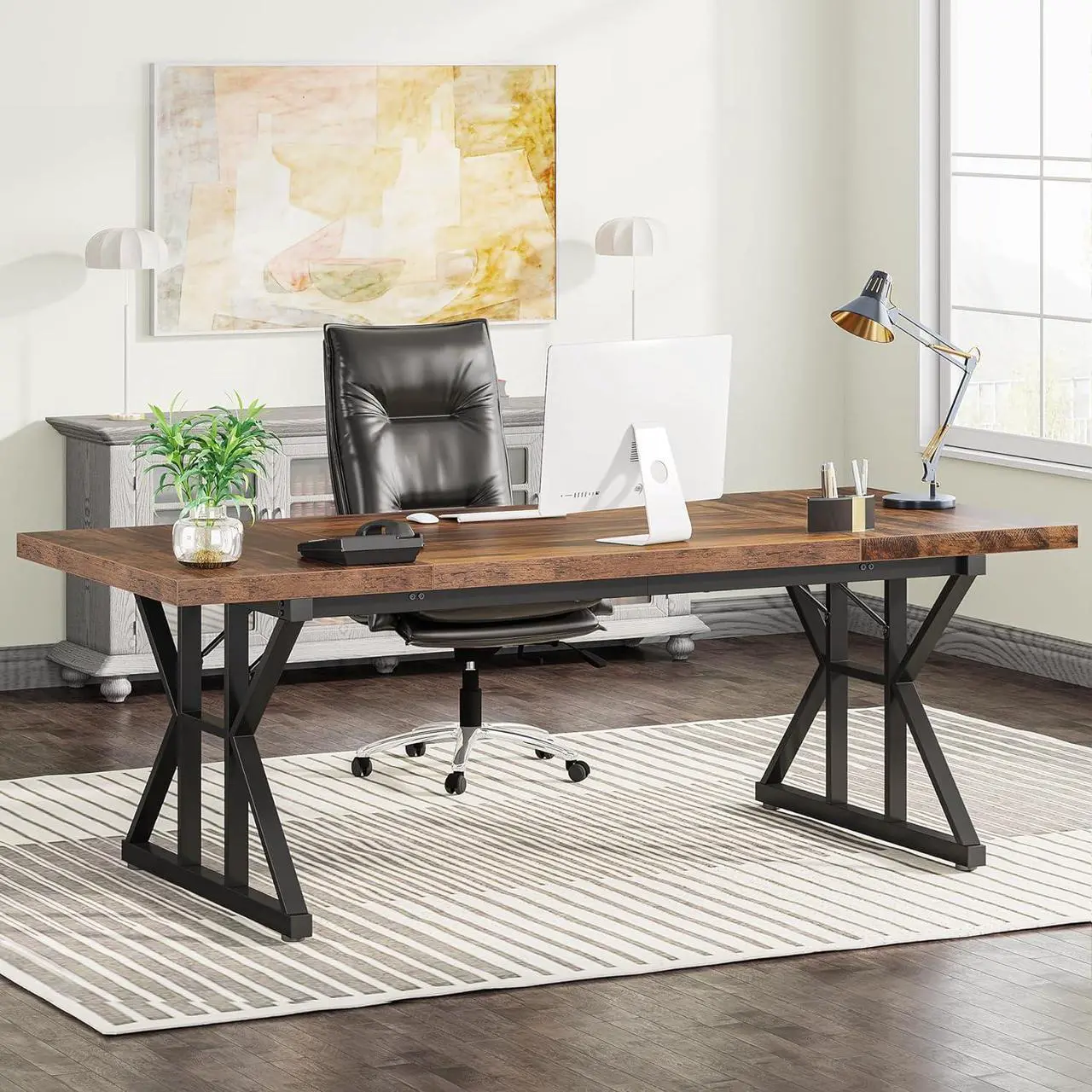 Main image of Tribesigns 70.8-Inch Executive Desk, Large Computer Office Desk Workstation, Modern Simple Style Laptop Desk Study Writing Table Business Furniture for Home Office (Brown/Black, 70.8 Inch)