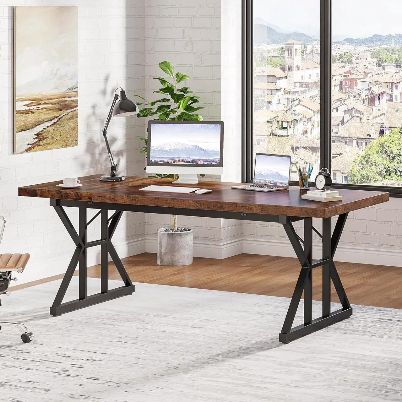 Alt view image 4 of 7 - Tribesigns 70.8-Inch Executive Desk, Large Computer Office Desk Workstation, Modern Simple Style Laptop Desk Study Writing Table Business Furniture for Home Office (Brown/Black, 70.8 Inch)