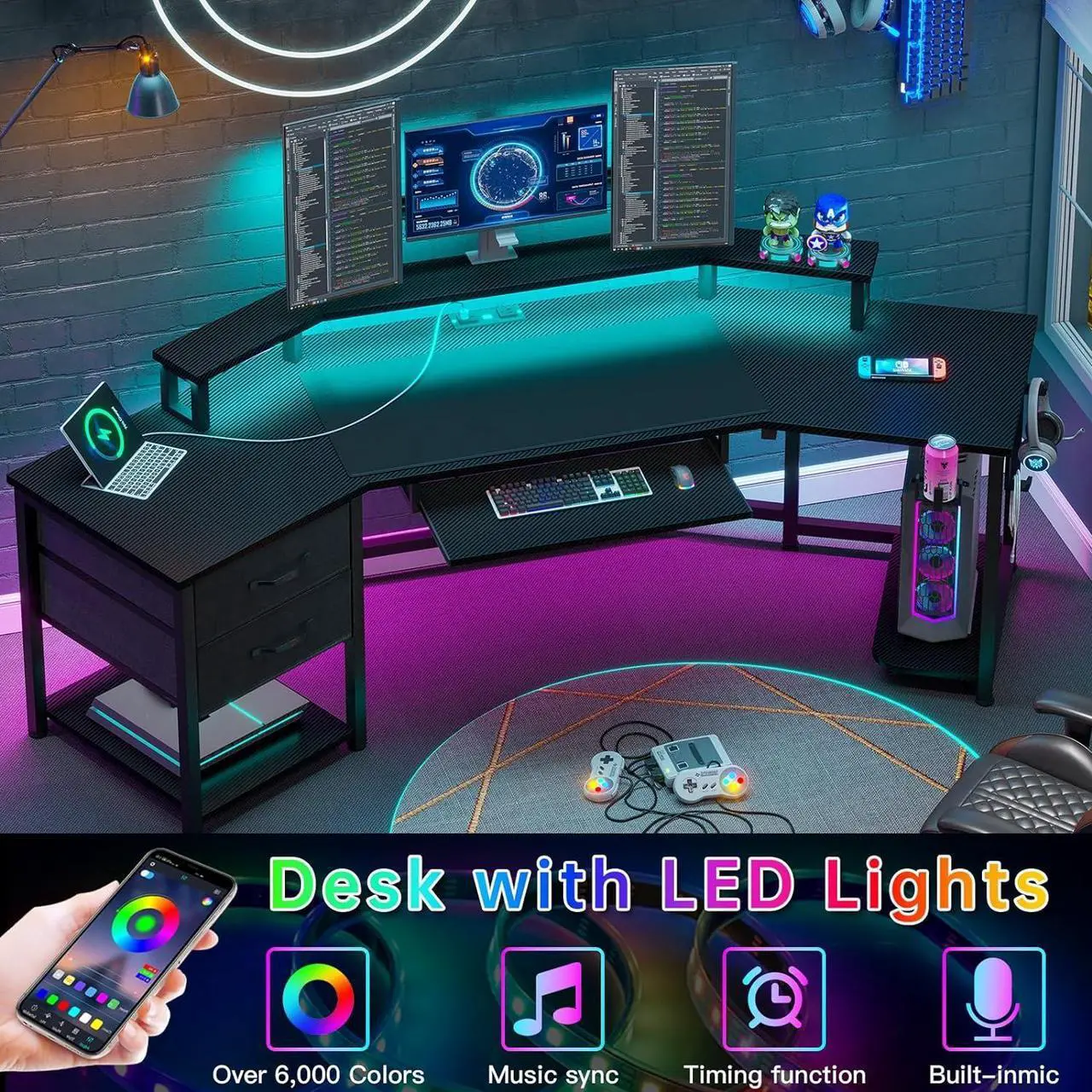 Alt view image 3 of 7 - 79" Gaming Desk, Computer Desk with 2 Fabric Drawers & LED Light, L Shaped Gaming Desk with Storage Shelf for Home Office, Carbon Fiber Black