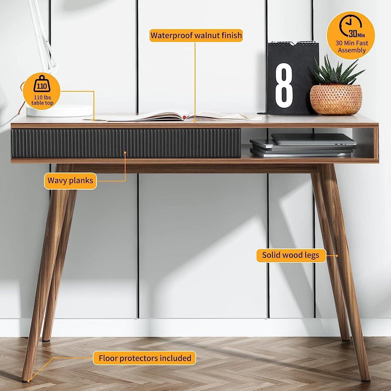 Alt view image 6 of 7 - Arts wish Office Desk Mid Century Modern Desk Writing Desk with Drawer Simple Home Office Desk Mid Century Desk, Walnut