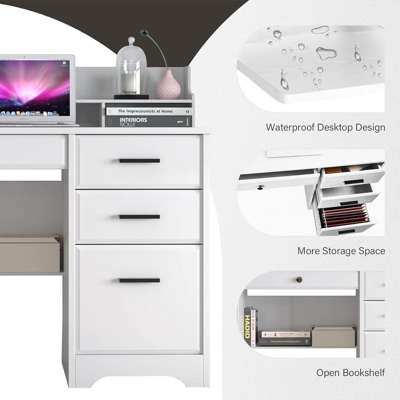 Alt view image 3 of 5 - Catrimown Computer Desk with 4 Drawers and Hutch, Home Office White Writing Desk with File Drawer and Shelves for Small Spaces, Small Desk Study Table for Bedroom