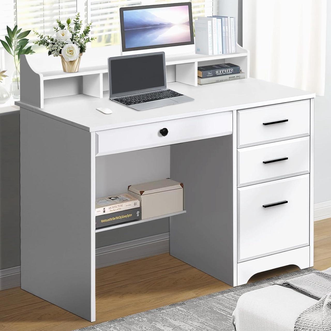 Alt view image 4 of 5 - Catrimown Computer Desk with 4 Drawers and Hutch, Home Office White Writing Desk with File Drawer and Shelves for Small Spaces, Small Desk Study Table for Bedroom