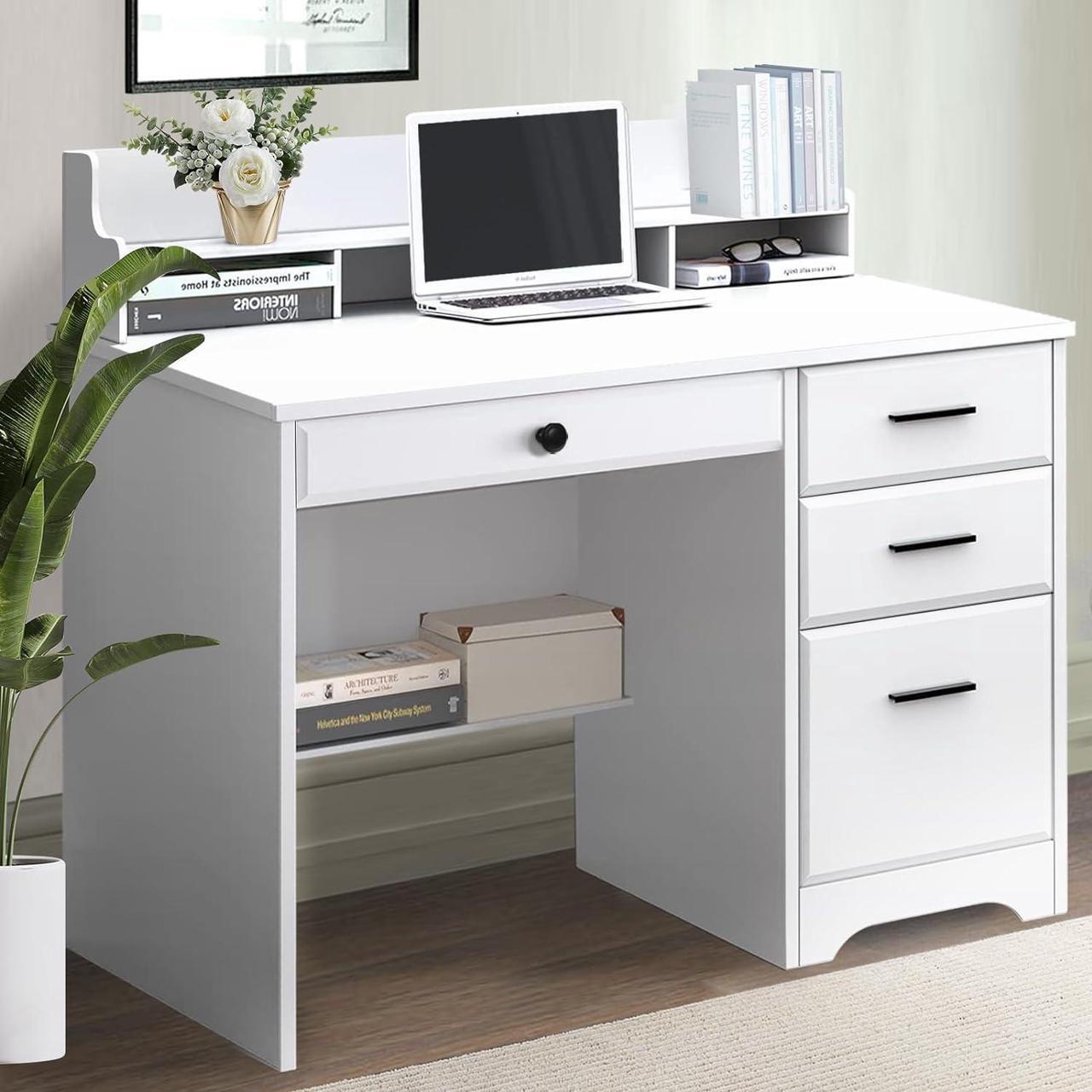 Alt view image 5 of 5 - Catrimown Computer Desk with 4 Drawers and Hutch, Home Office White Writing Desk with File Drawer and Shelves for Small Spaces, Small Desk Study Table for Bedroom