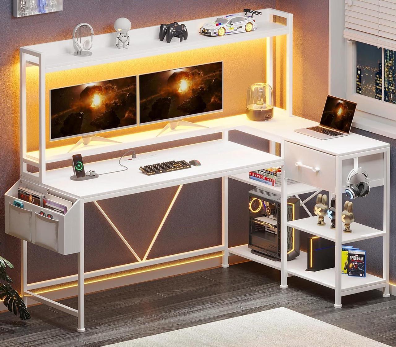 Main image of White L Shaped Gaming Desk, 55" Corner Desk with Fabric Drawer and Storage Shelves, L Shaped Desk with Hutch, LED Lights, Power Strip, Monitor Stand for Home Office