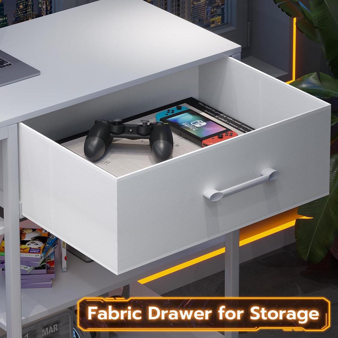 Alt view image 4 of 7 - White L Shaped Gaming Desk, 55" Corner Desk with Fabric Drawer and Storage Shelves, L Shaped Desk with Hutch, LED Lights, Power Strip, Monitor Stand for Home Office
